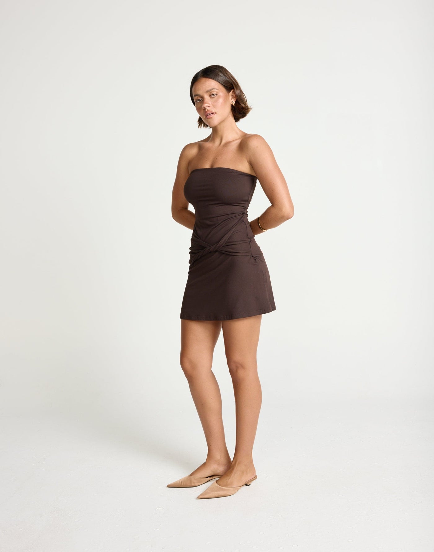 Edela Mini Dress (Chocolate) | CHARCOAL Exclusive - Twisted Front Detail Bodycon Mini - Women's Dress - Charcoal Clothing
