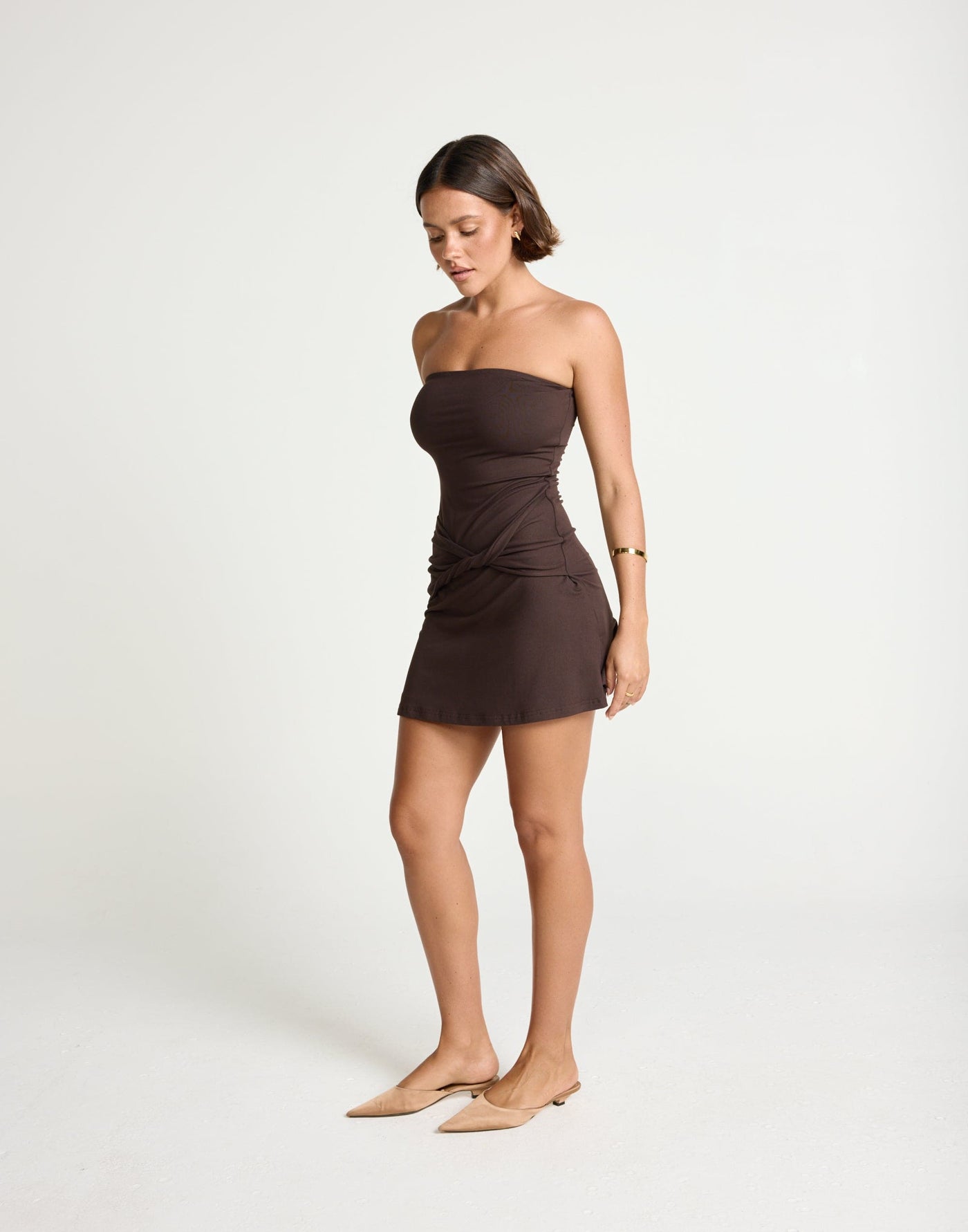 Edela Mini Dress (Chocolate) | CHARCOAL Exclusive - Twisted Front Detail Bodycon Mini - Women's Dress - Charcoal Clothing