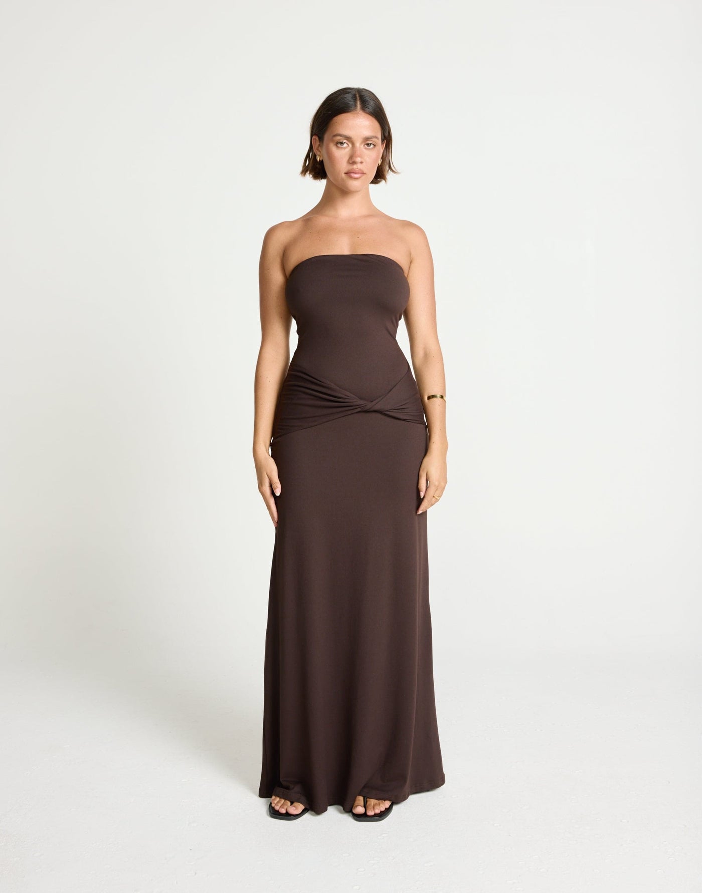 Edela Maxi Dress (Chocolate) | CHARCOAL Exclusive - Twisted Front Detail Bodycon Maxi - Women's Dress - Charcoal Clothing