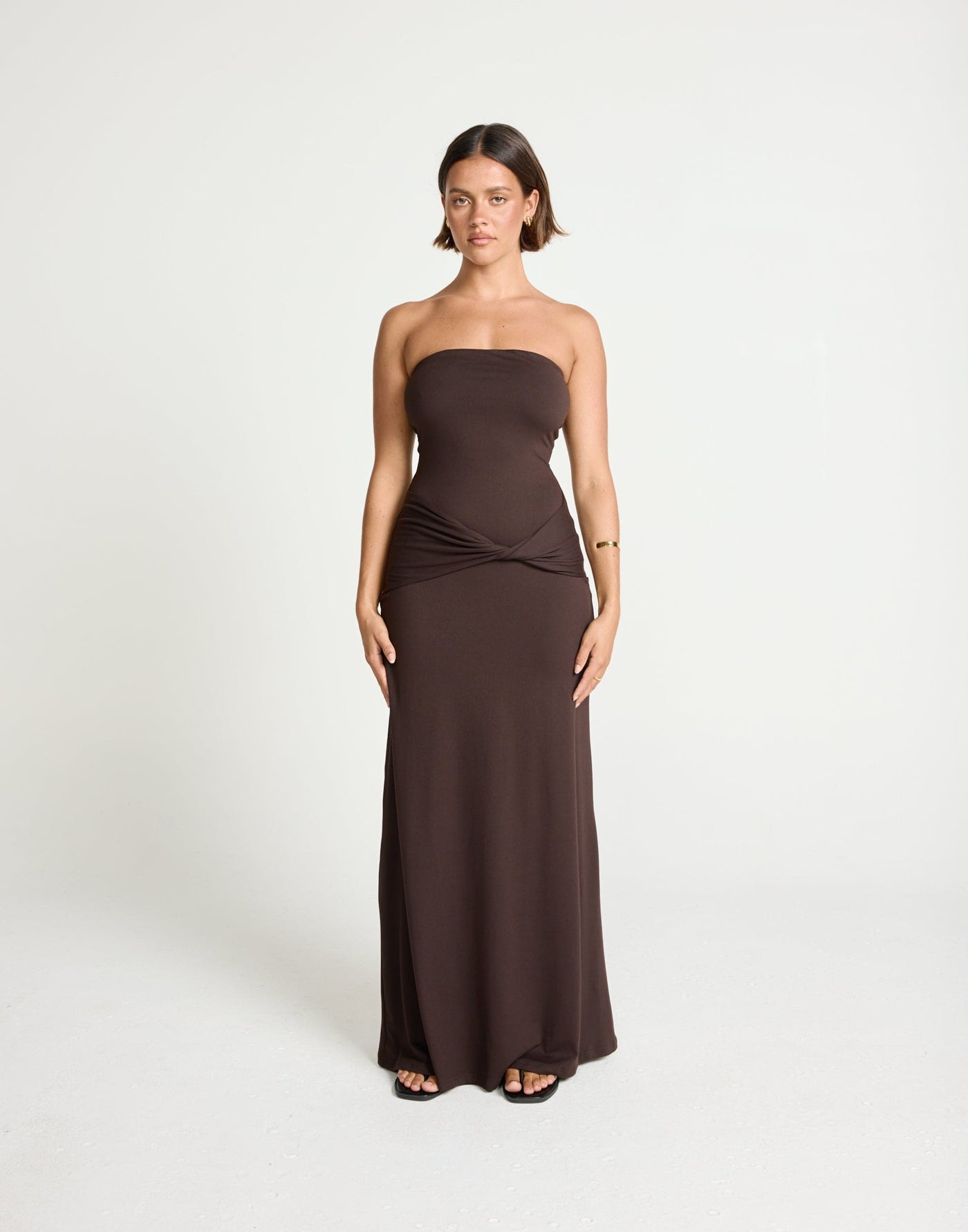 Edela Maxi Dress (Chocolate) | CHARCOAL Exclusive - Twisted Front Detail Bodycon Maxi - Women's Dress - Charcoal Clothing