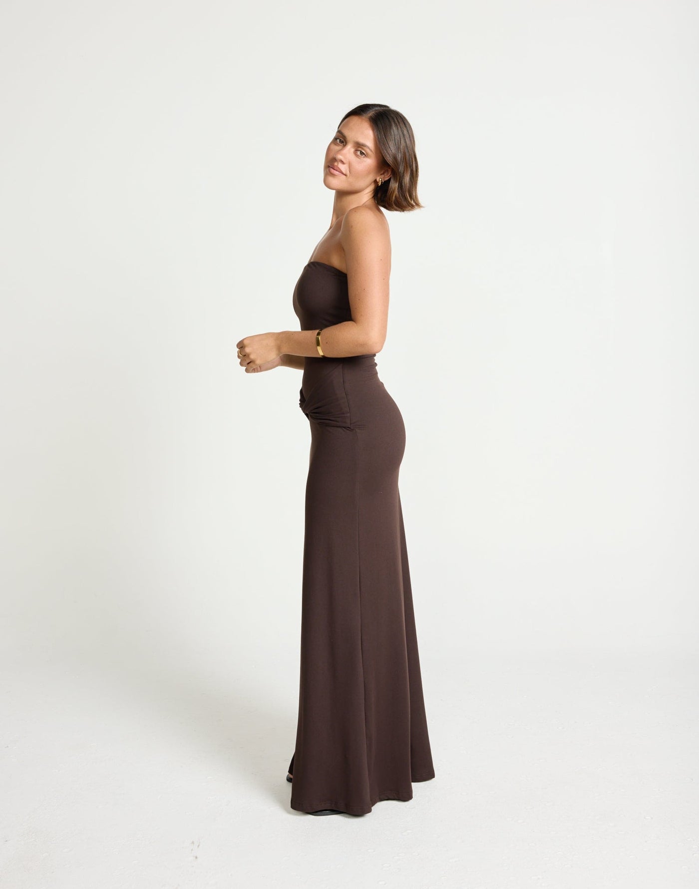 Edela Maxi Dress (Chocolate) | CHARCOAL Exclusive - Twisted Front Detail Bodycon Maxi - Women's Dress - Charcoal Clothing