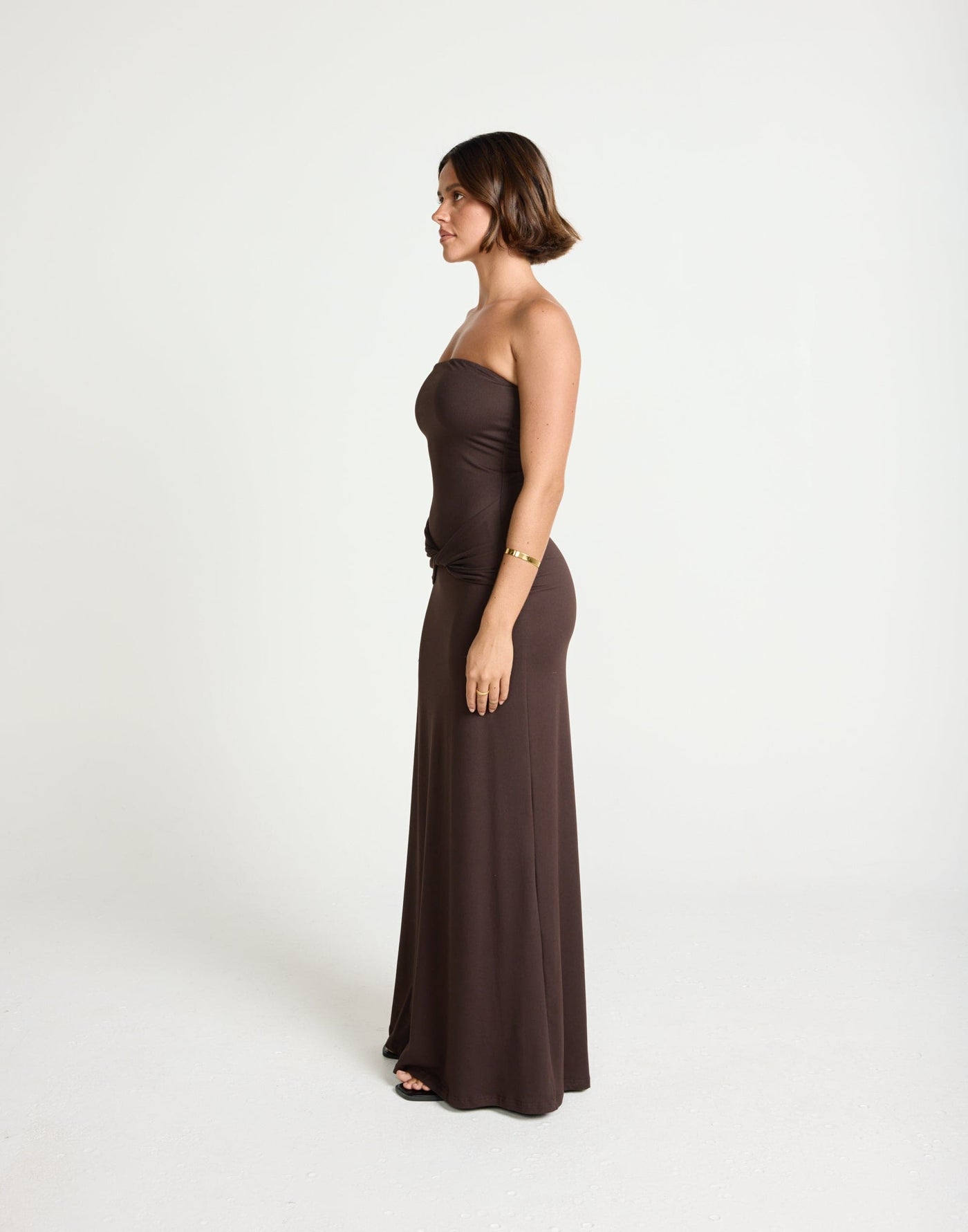 Edela Maxi Dress (Chocolate) | CHARCOAL Exclusive - Twisted Front Detail Bodycon Maxi - Women's Dress - Charcoal Clothing