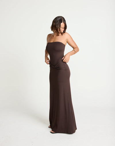 Edela Maxi Dress (Chocolate) | CHARCOAL Exclusive - Twisted Front Detail Bodycon Maxi - Women's Dress - Charcoal Clothing