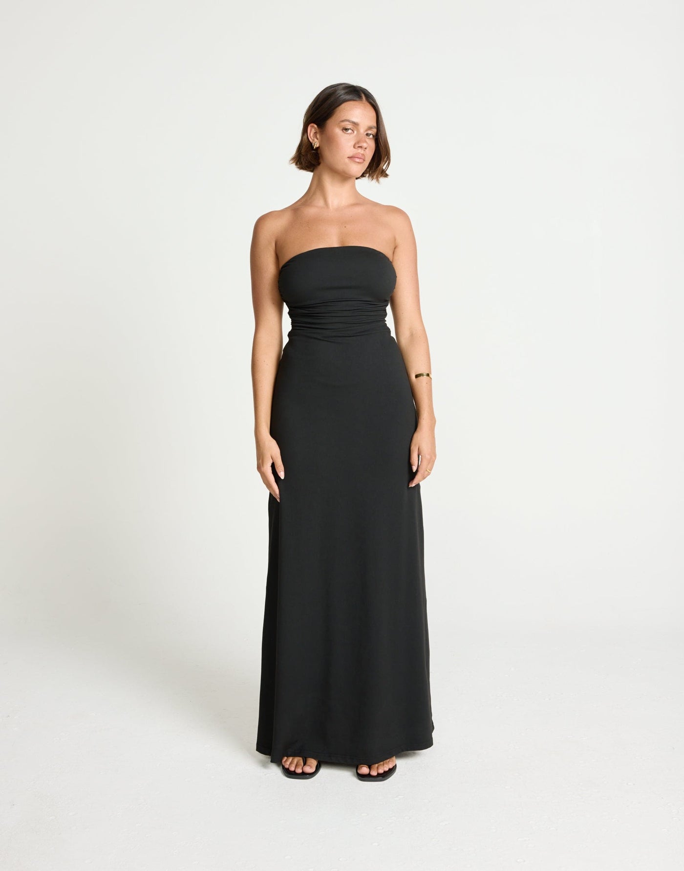 Sarie Maxi Dress (Black) | CHARCOAL Exclusive - Strapless Bodycon Jersey Flared Hem Gathered Detail Maxi Dress - Women's Dress - Charcoal Clothing