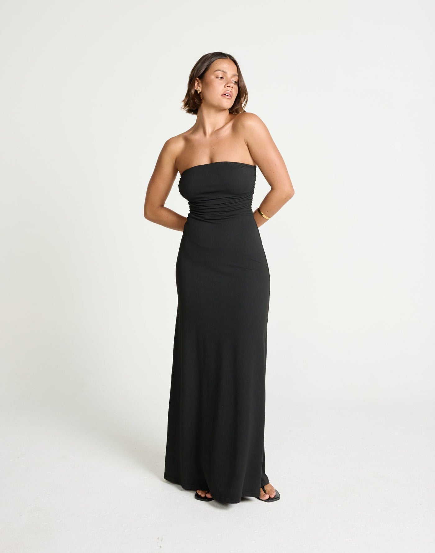 Sarie Maxi Dress (Black) | CHARCOAL Exclusive - Strapless Bodycon Jersey Flared Hem Gathered Detail Maxi Dress - Women's Dress - Charcoal Clothing