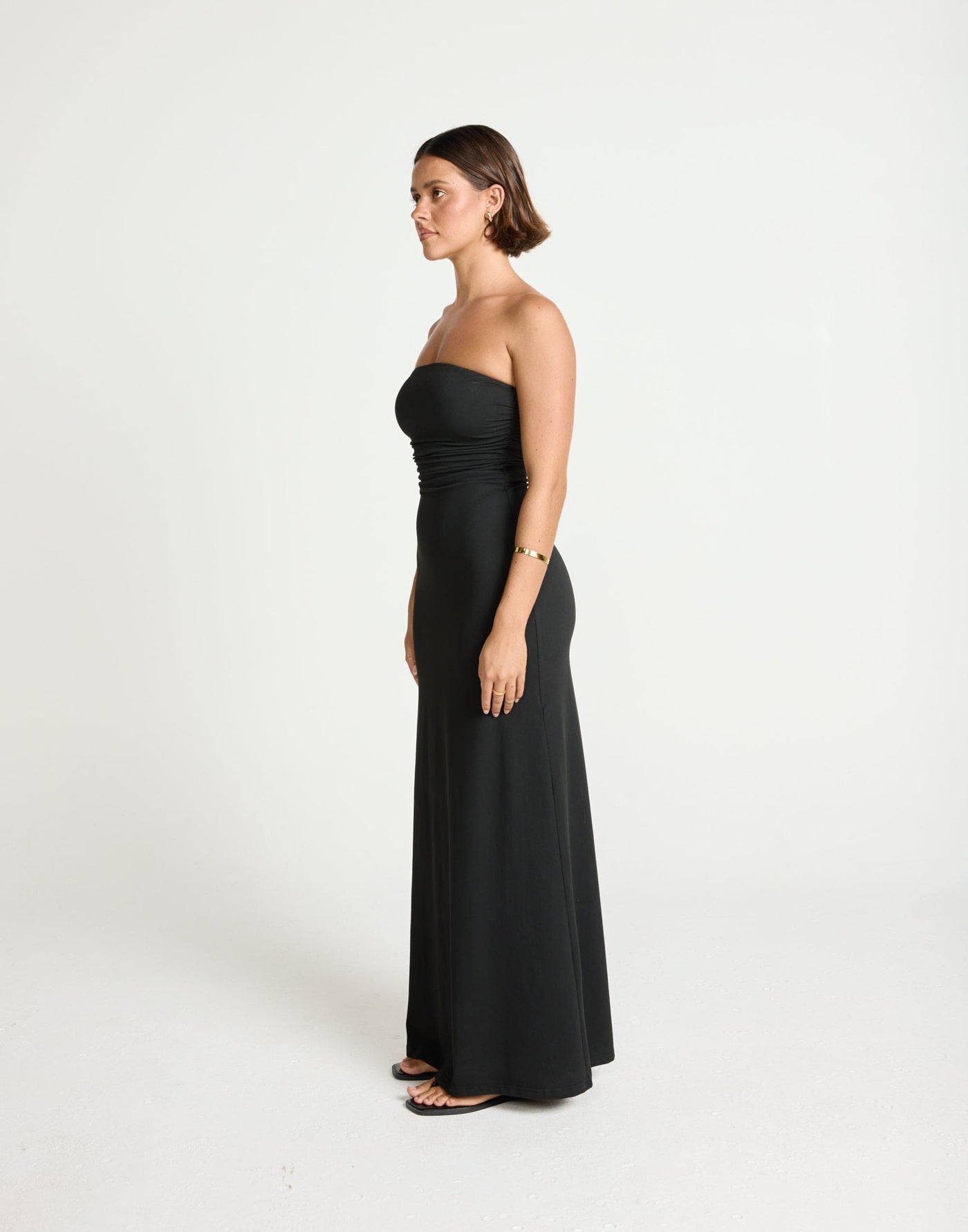 Sarie Maxi Dress (Black) | CHARCOAL Exclusive - Strapless Bodycon Jersey Flared Hem Gathered Detail Maxi Dress - Women's Dress - Charcoal Clothing