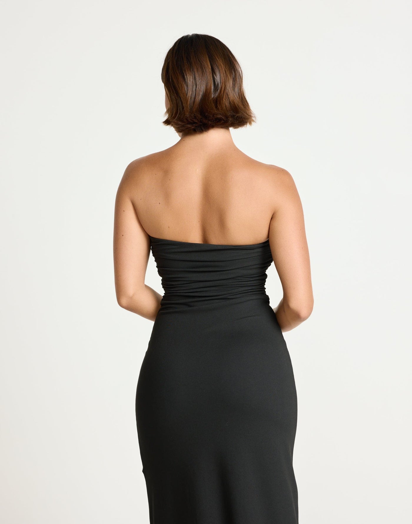 Sarie Maxi Dress (Black) | CHARCOAL Exclusive - Strapless Bodycon Jersey Flared Hem Gathered Detail Maxi Dress - Women's Dress - Charcoal Clothing