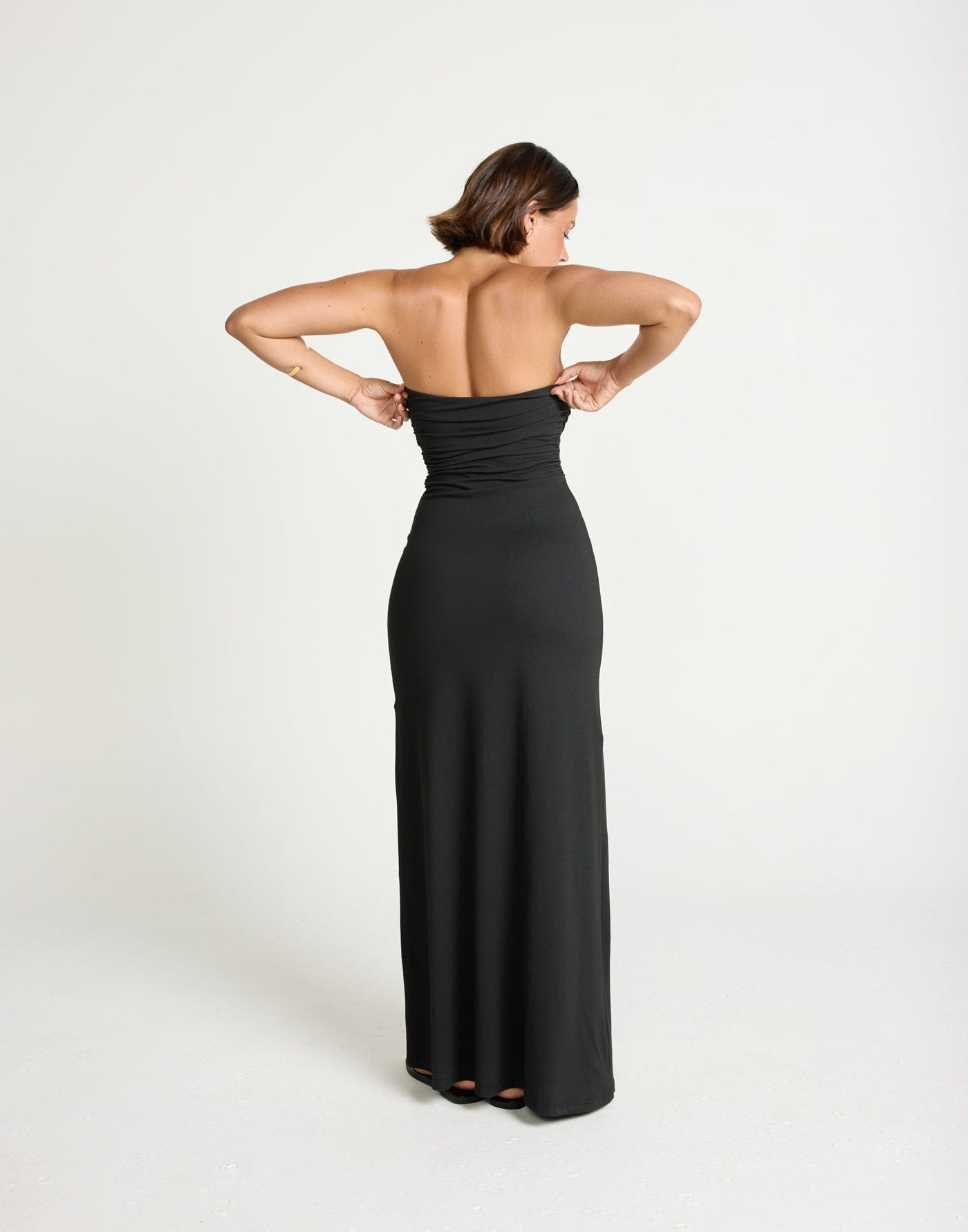 Sarie Maxi Dress (Black) | CHARCOAL Exclusive - Strapless Bodycon Jersey Flared Hem Gathered Detail Maxi Dress - Women's Dress - Charcoal Clothing
