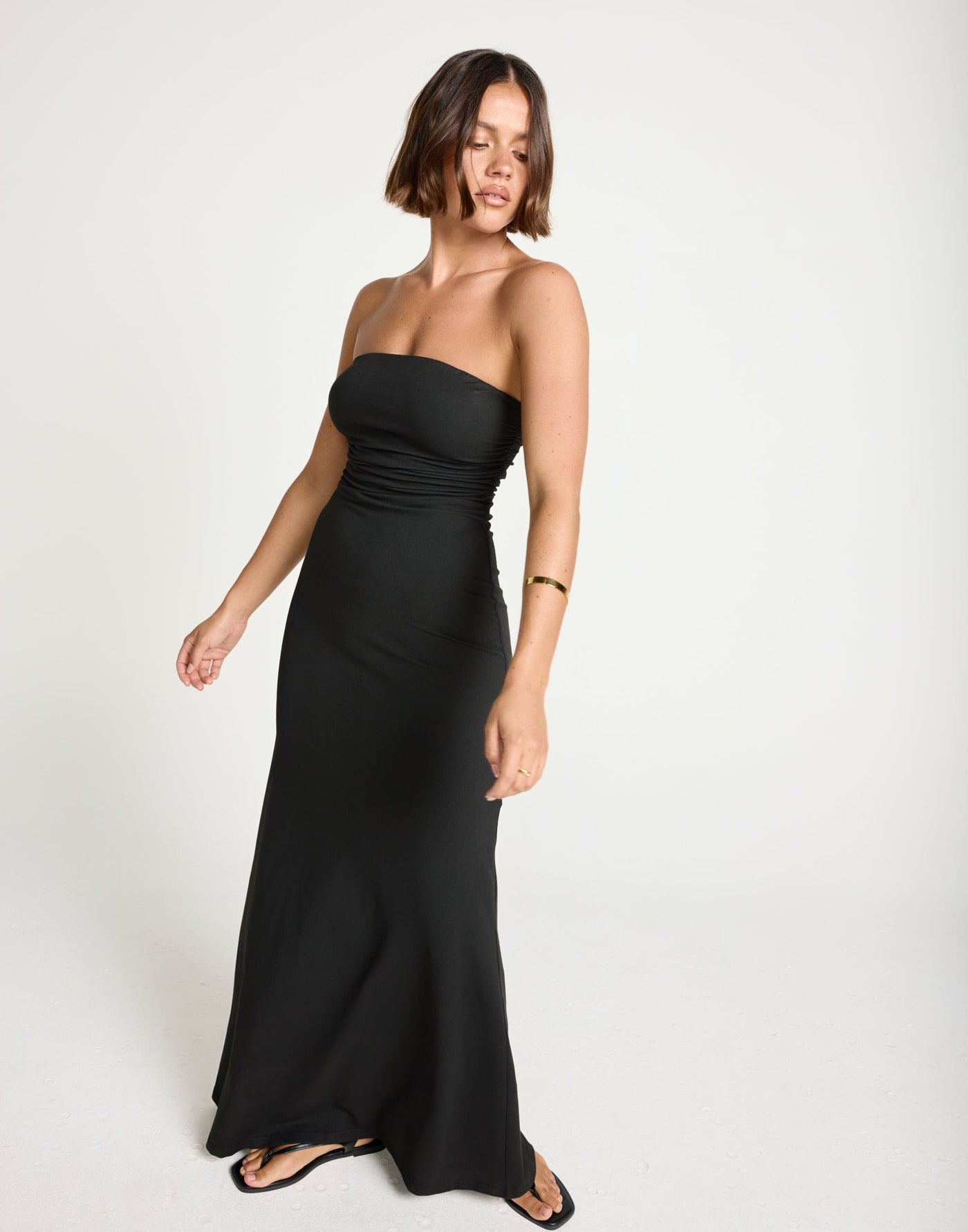 Sarie Maxi Dress (Black) | CHARCOAL Exclusive - Strapless Bodycon Jersey Flared Hem Gathered Detail Maxi Dress - Women's Dress - Charcoal Clothing