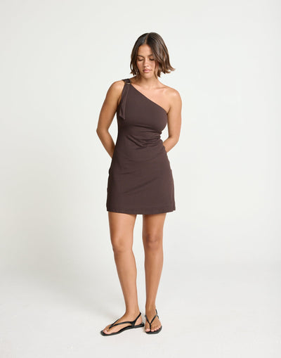 Zuelia Mini Dress (Chocolate) | CHARCOAL Exclusive - Bodycon Jersey Mini with Shoulder Detail - Women's Dress - Charcoal Clothing
