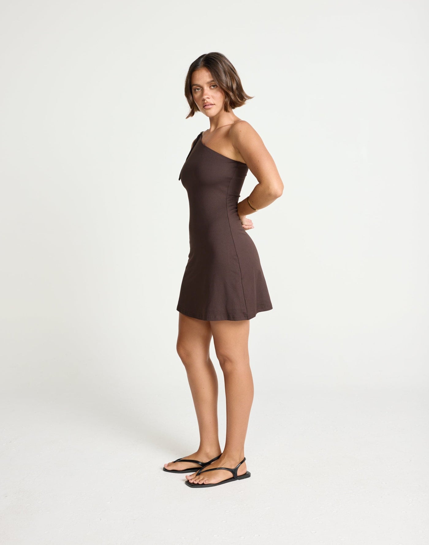 Zuelia Mini Dress (Chocolate) | CHARCOAL Exclusive - Bodycon Jersey Mini with Shoulder Detail - Women's Dress - Charcoal Clothing