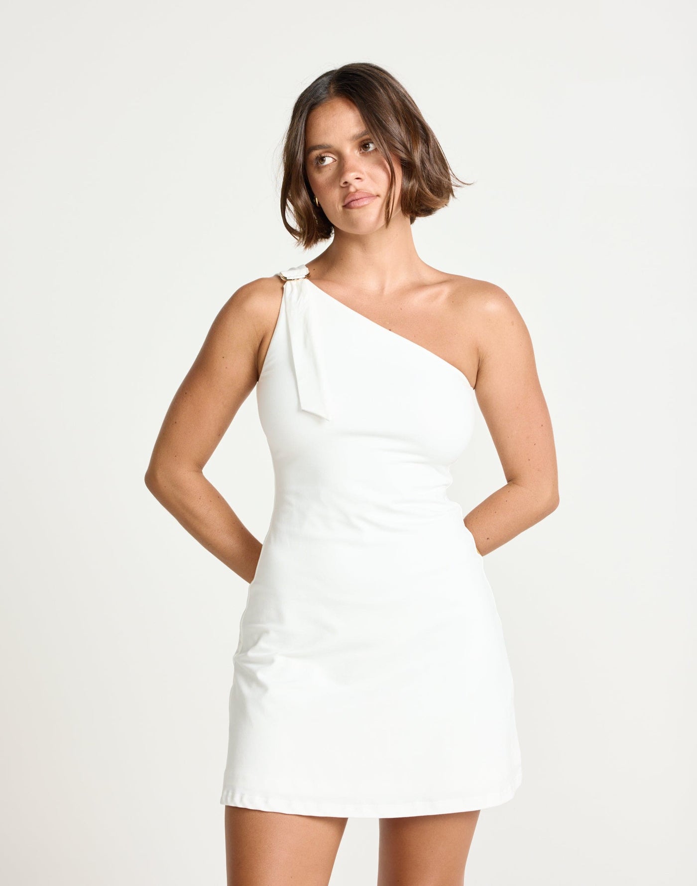 Zuelia Mini Dress (White) | CHARCOAL Exclusive - Bodycon Jersey Mini with Shoulder Detail - Women's Dress - Charcoal Clothing