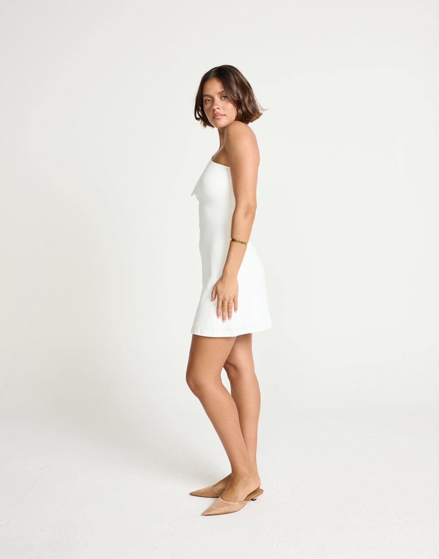 Zuelia Mini Dress (White) | CHARCOAL Exclusive - Bodycon Jersey Mini with Shoulder Detail - Women's Dress - Charcoal Clothing