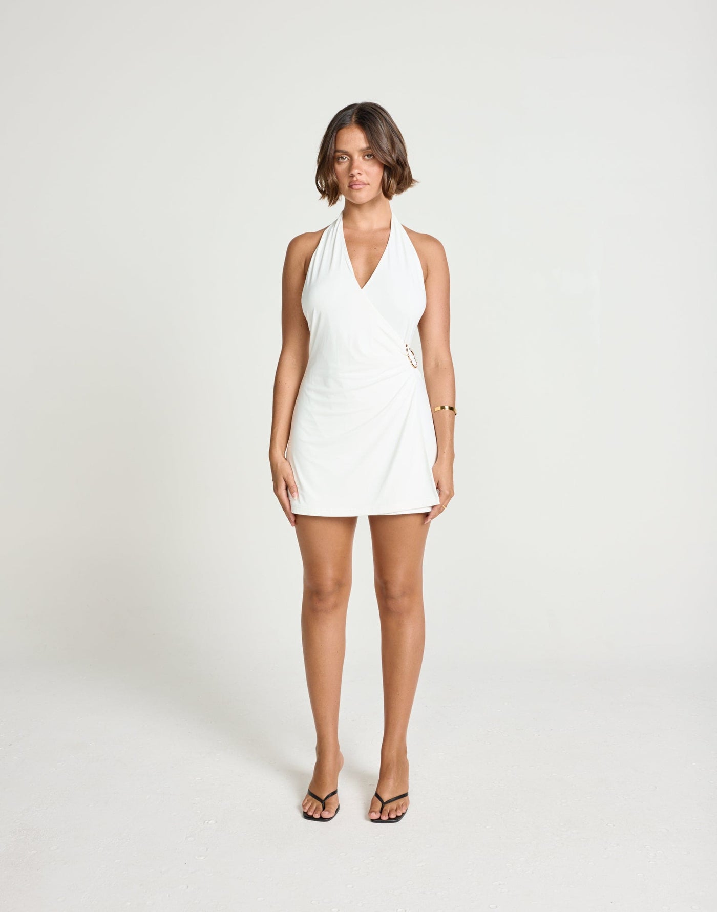 Agente Mini Dress (White) | CHARCOAL Exclusive - Bodycon Halter Mini w/ Gold Embellishment - Women's Dress - Charcoal Clothing