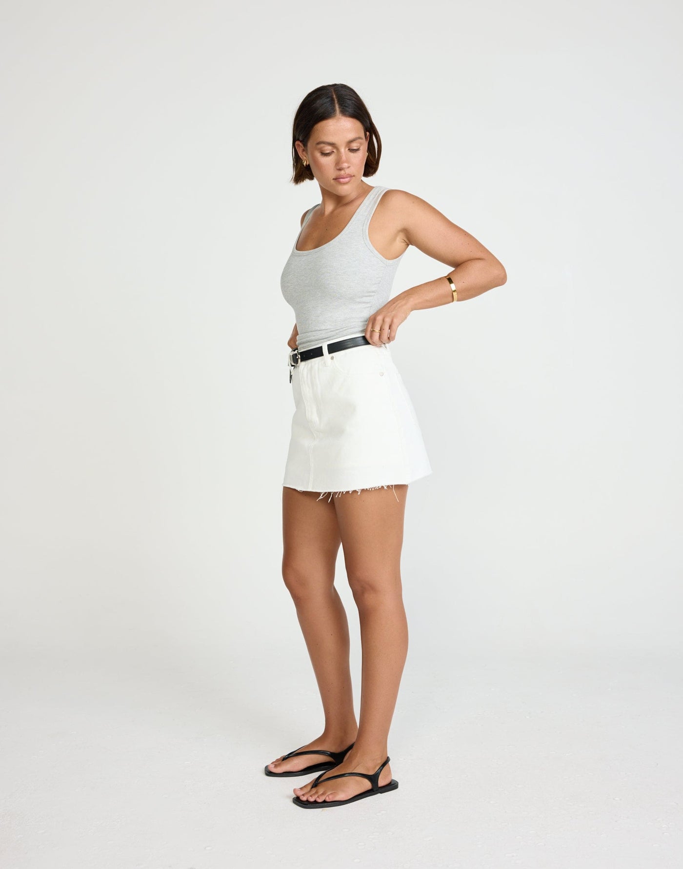 Okara Denim Skort (Ivory White) | CHARCOAL EXCLUSIVE - Frayed Hem High Waisted Skort - Women's Skort - Charcoal Clothing