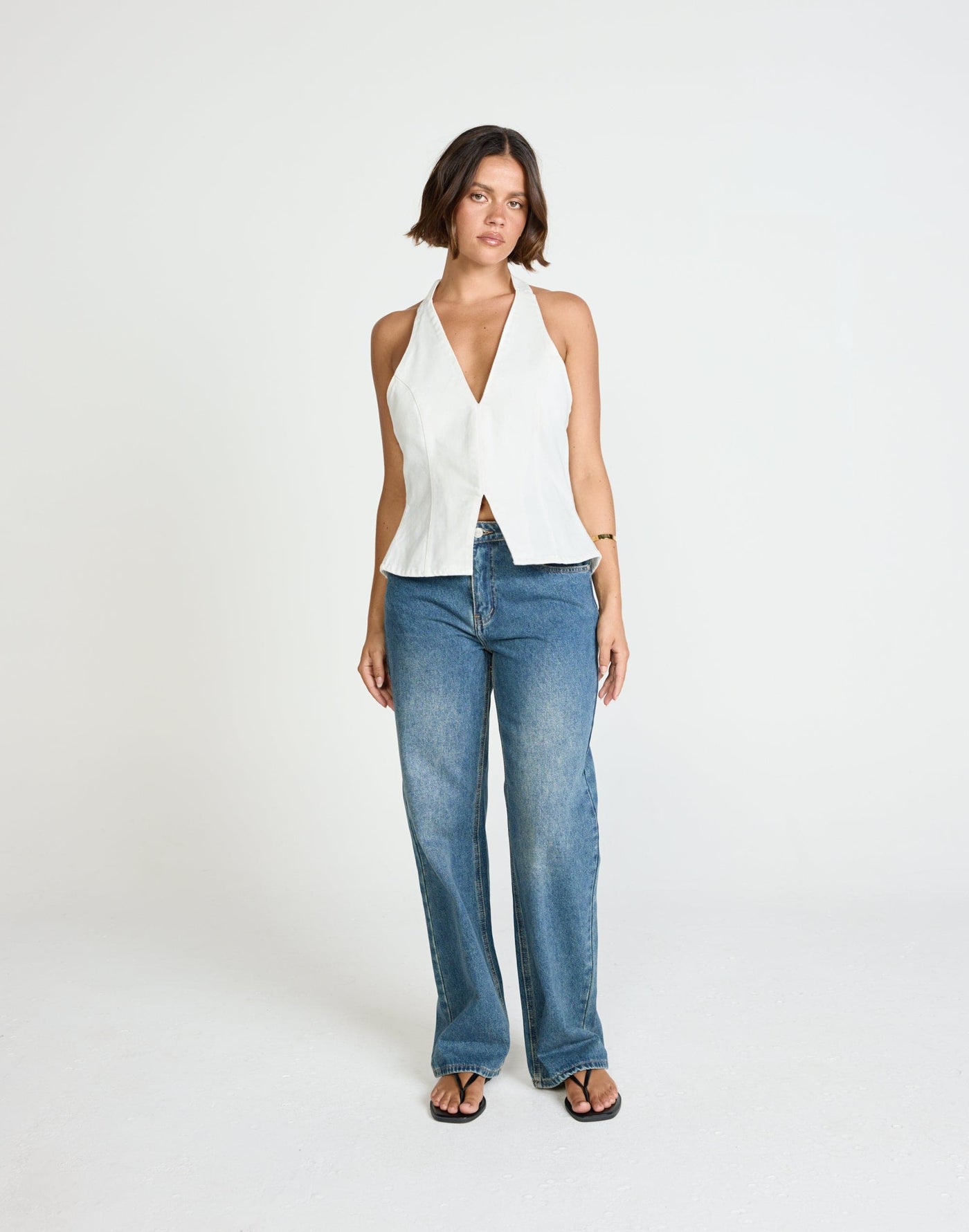 Elham Denim Top (Ivory White) | CHARCOAL EXCLUSIVE - Relaxed Fit Long Halter V-Neck Top - Women's Top - Charcoal Clothing