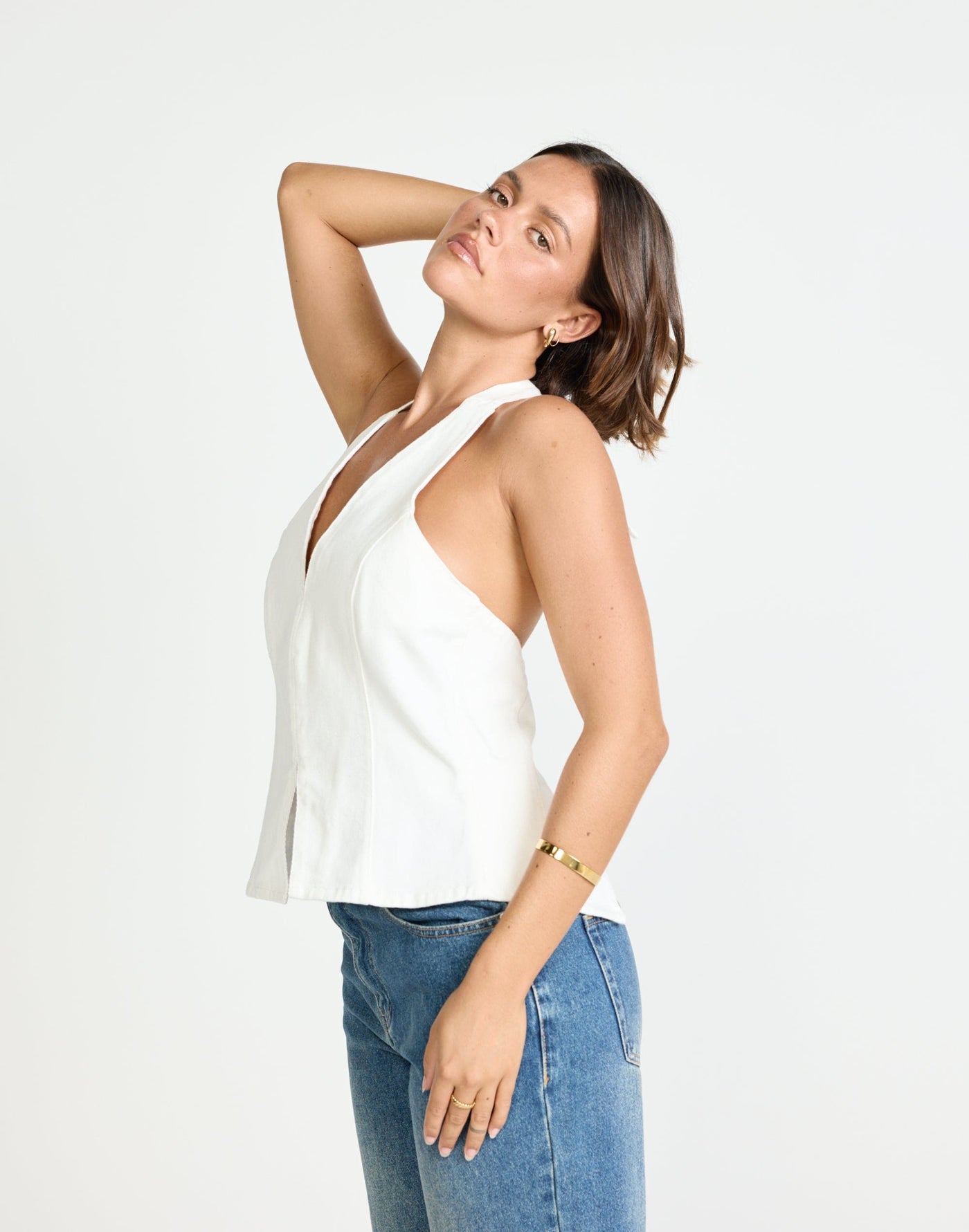 Elham Denim Top (Ivory White) | CHARCOAL EXCLUSIVE - Relaxed Fit Long Halter V-Neck Top - Women's Top - Charcoal Clothing
