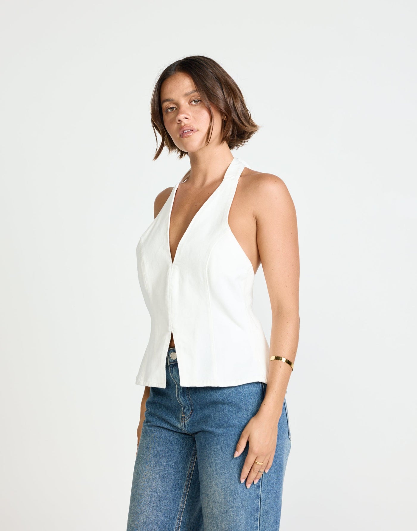 Elham Denim Top (Ivory White) | CHARCOAL EXCLUSIVE - Relaxed Fit Long Halter V-Neck Top - Women's Top - Charcoal Clothing