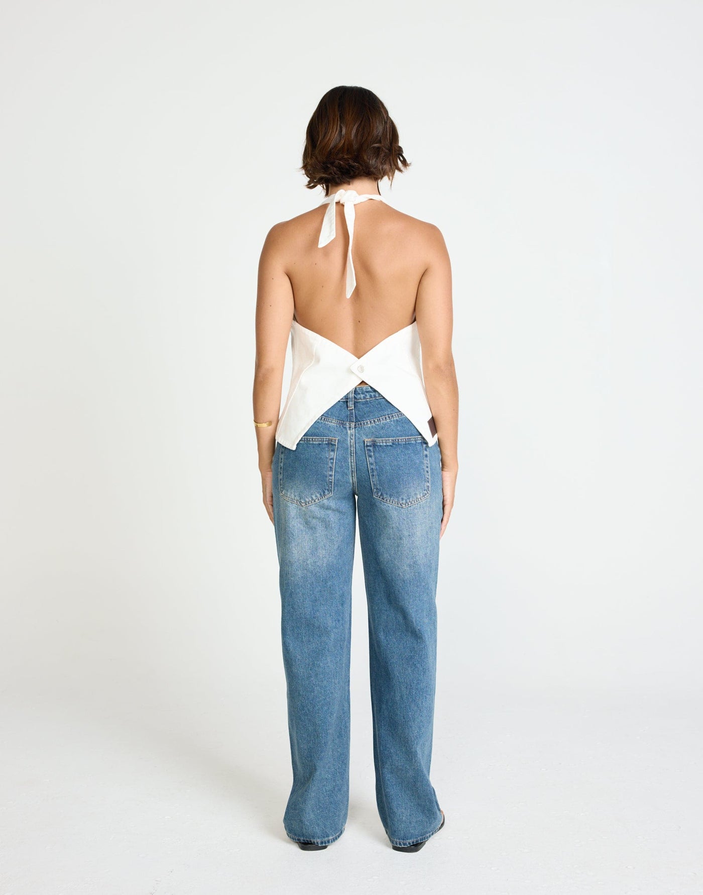 Elham Denim Top (Ivory White) | CHARCOAL EXCLUSIVE - Relaxed Fit Long Halter V-Neck Top - Women's Top - Charcoal Clothing