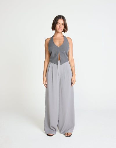Kailani Top (Slate) | CHARCOAL EXCLUSIVE - V-Neck Open Front Backless Halter Top - Women's Top - Charcoal Clothing