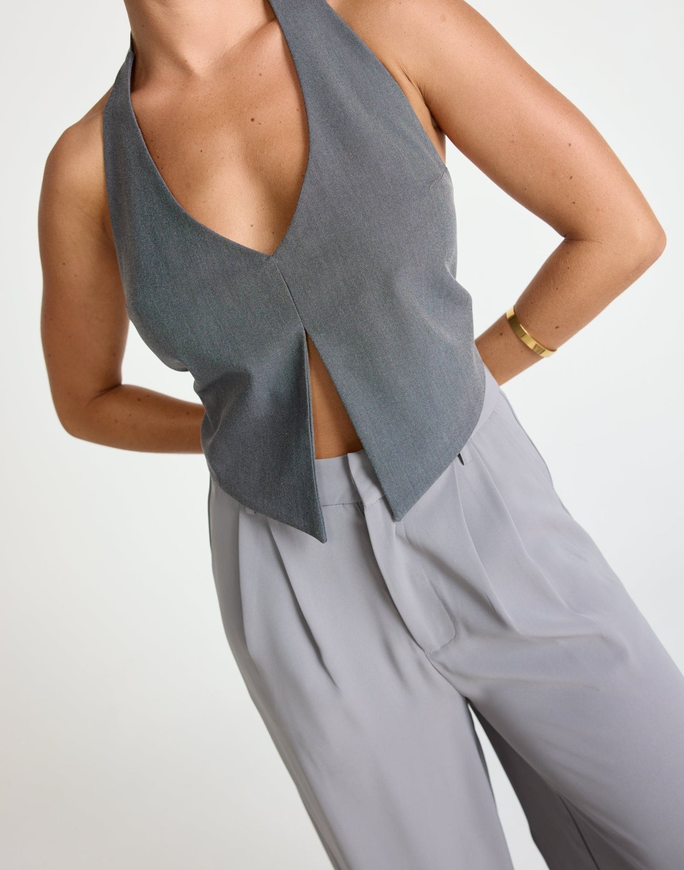 Kailani Top (Slate) | CHARCOAL EXCLUSIVE - V-Neck Open Front Backless Halter Top - Women's Top - Charcoal Clothing