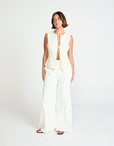 Caisey Top (Oat) | CHARCOAL Exclusive - Open Tie Front Detail Top - Women's Top - Charcoal Clothing