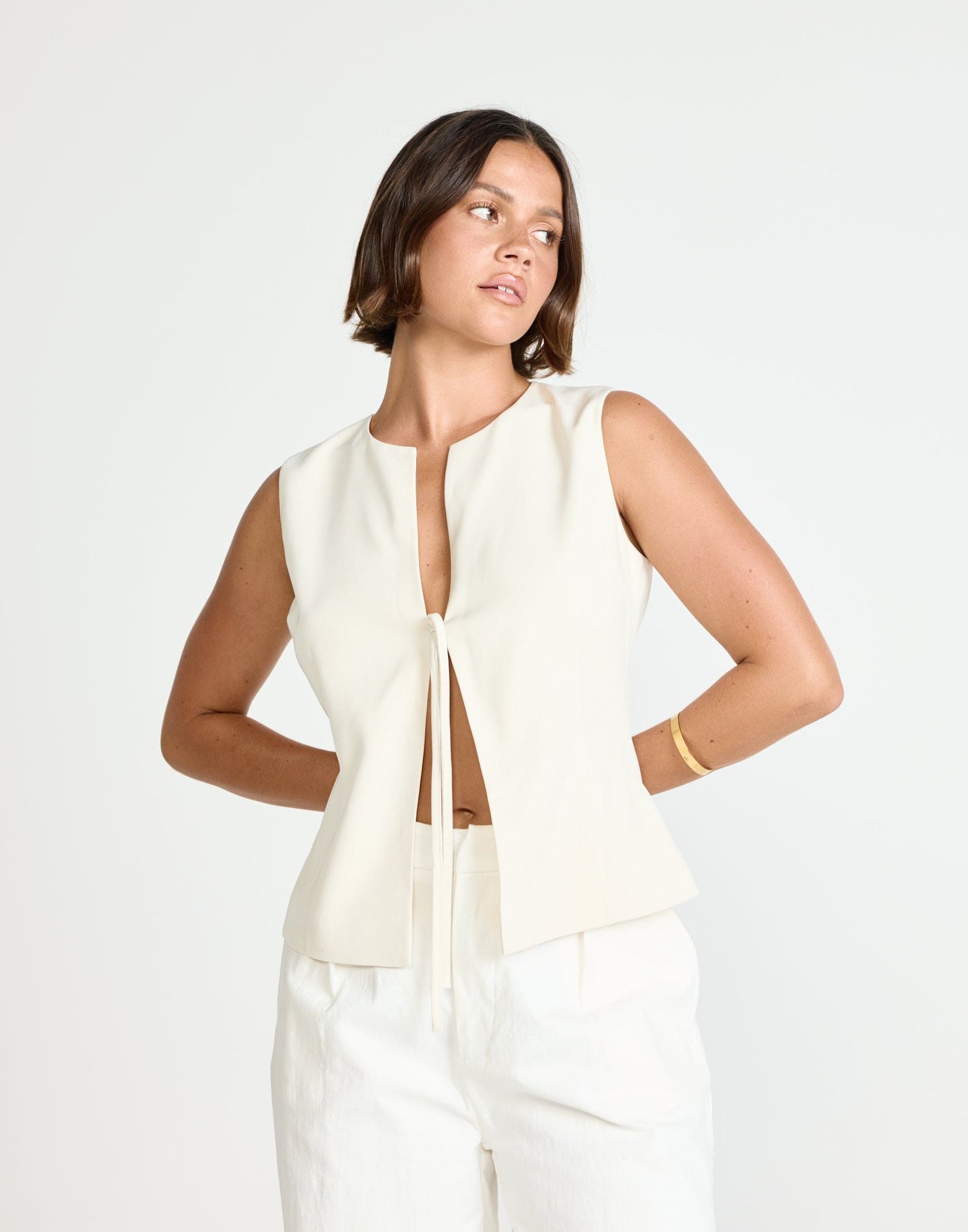 Caisey Top (Oat) | CHARCOAL Exclusive - Open Tie Front Detail Top - Women's Top - Charcoal Clothing