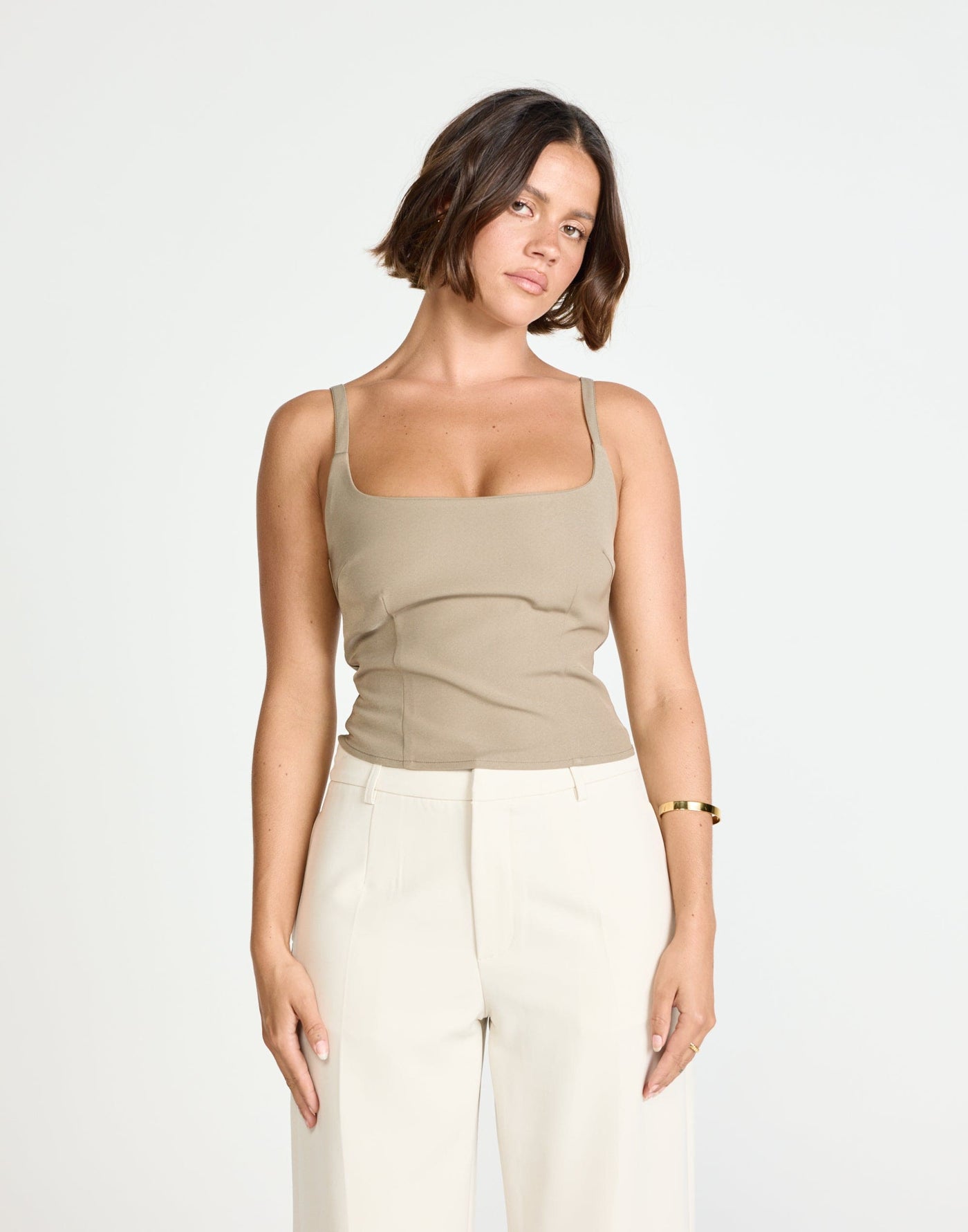 Alistair Top (Stone) | CHARCOAL Exclusive - Contrast Detail Suiting Top - Women's Top - Charcoal Clothing