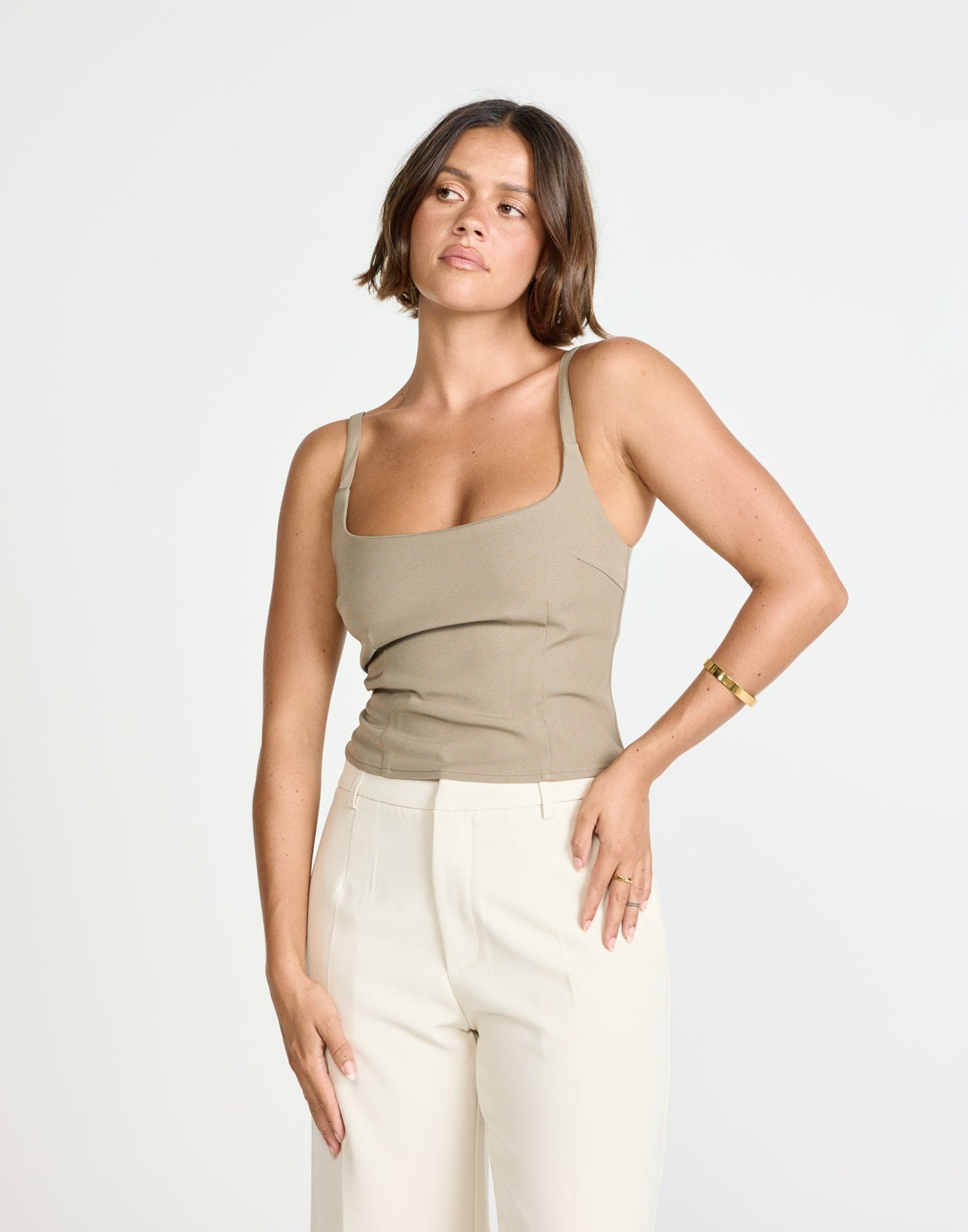 Alistair Top (Stone) | CHARCOAL Exclusive - Contrast Detail Suiting Top - Women's Top - Charcoal Clothing