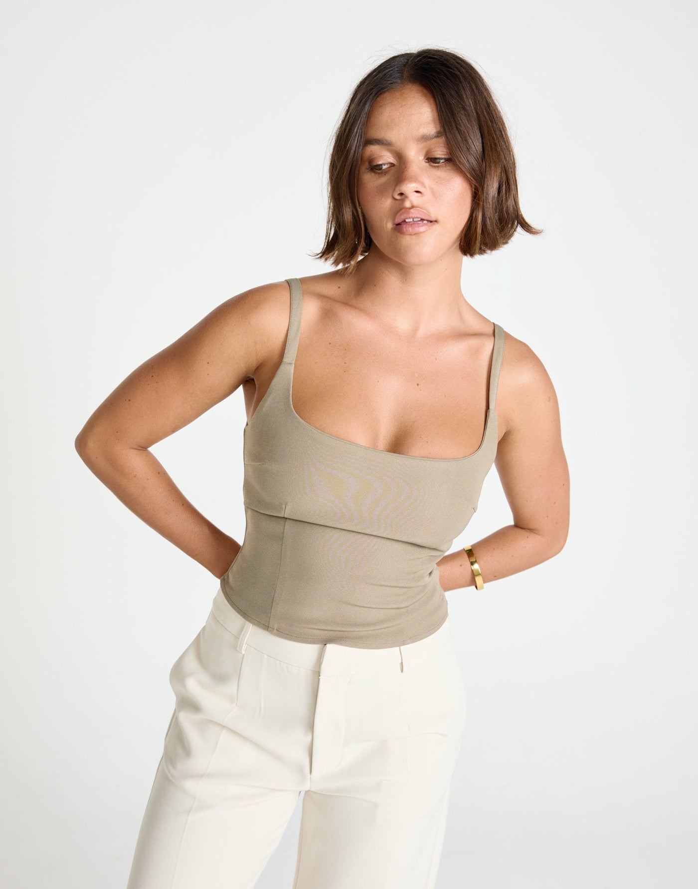 Alistair Top (Stone) | CHARCOAL Exclusive - Contrast Detail Suiting Top - Women's Top - Charcoal Clothing