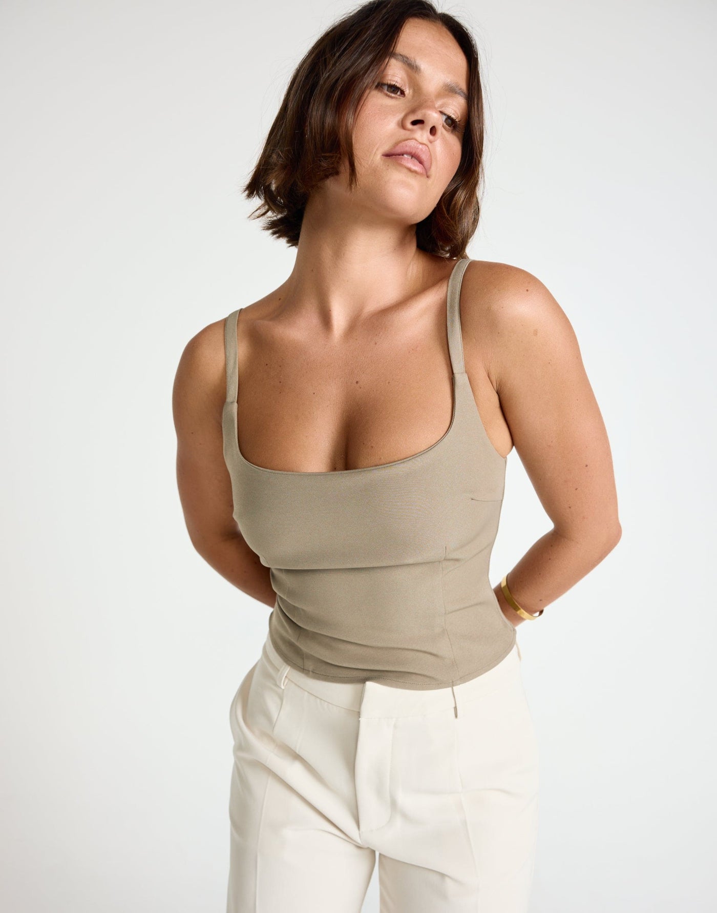 Alistair Top (Stone) | CHARCOAL Exclusive - Contrast Detail Suiting Top - Women's Top - Charcoal Clothing