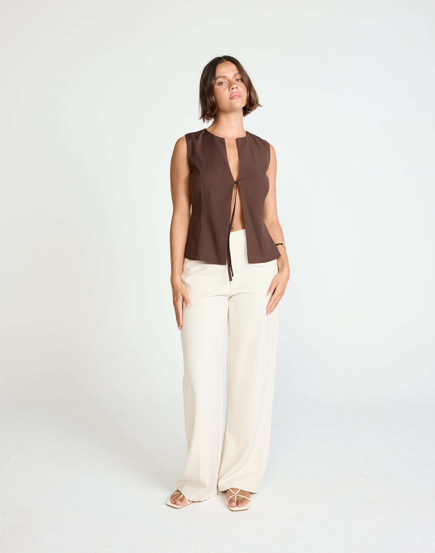 Caisey Top (Chocolate) | CHARCOAL Exclusive - Open Tie Front Detail Top - Women's Top - Charcoal Clothing