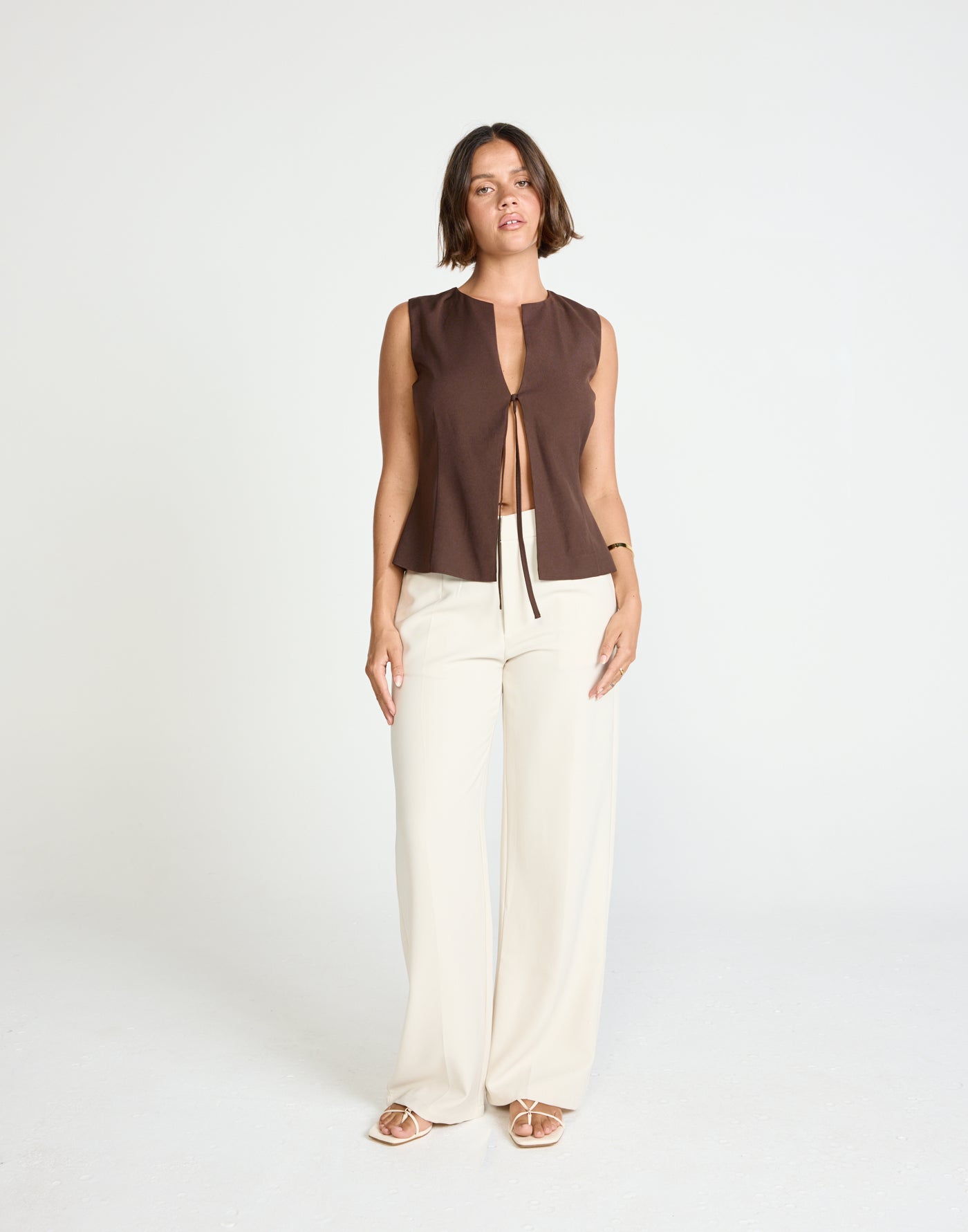 Caisey Top (Chocolate) | CHARCOAL Exclusive - Open Tie Front Detail Top - Women's Top - Charcoal Clothing