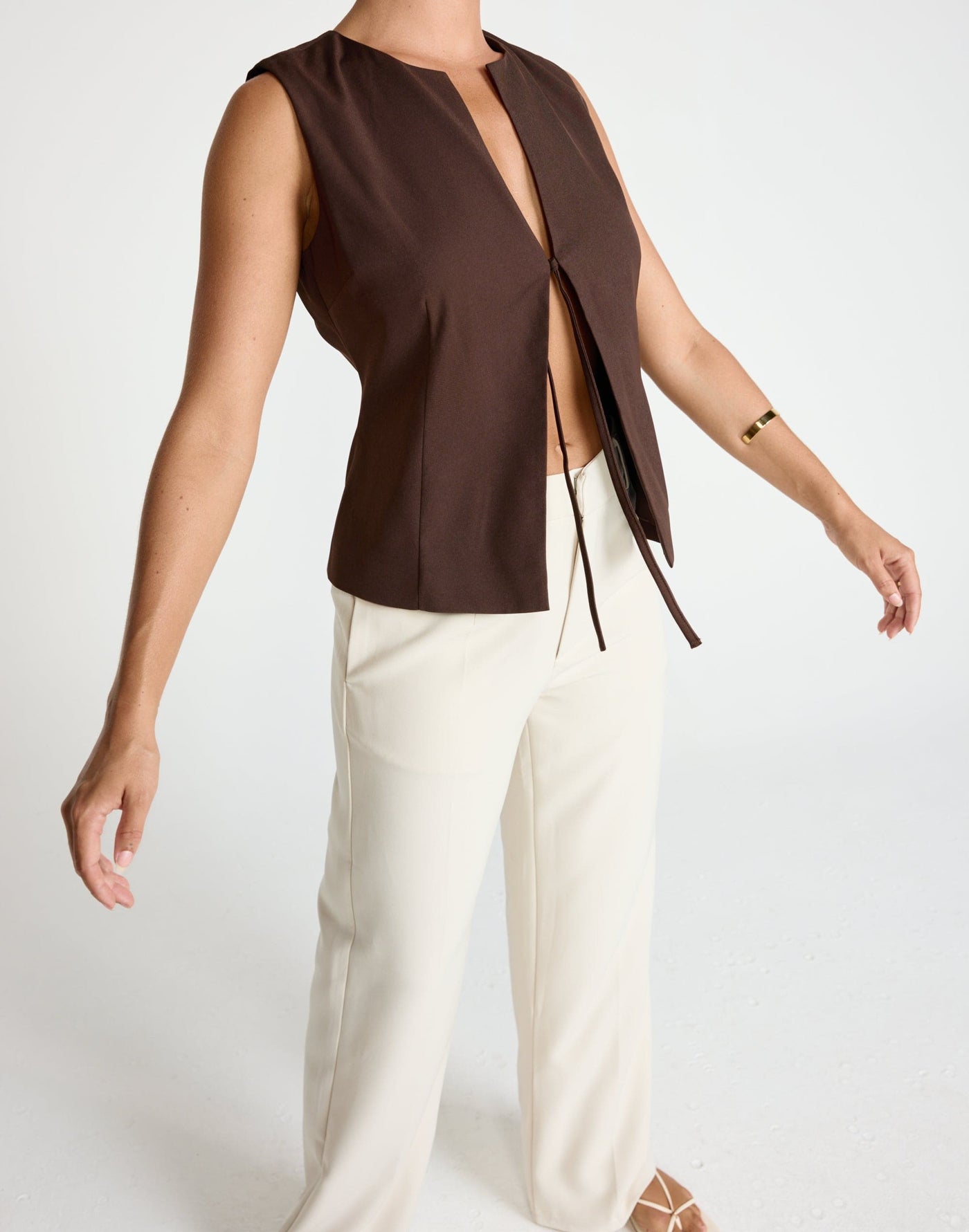 Caisey Top (Chocolate) | CHARCOAL Exclusive - Open Tie Front Detail Top - Women's Top - Charcoal Clothing