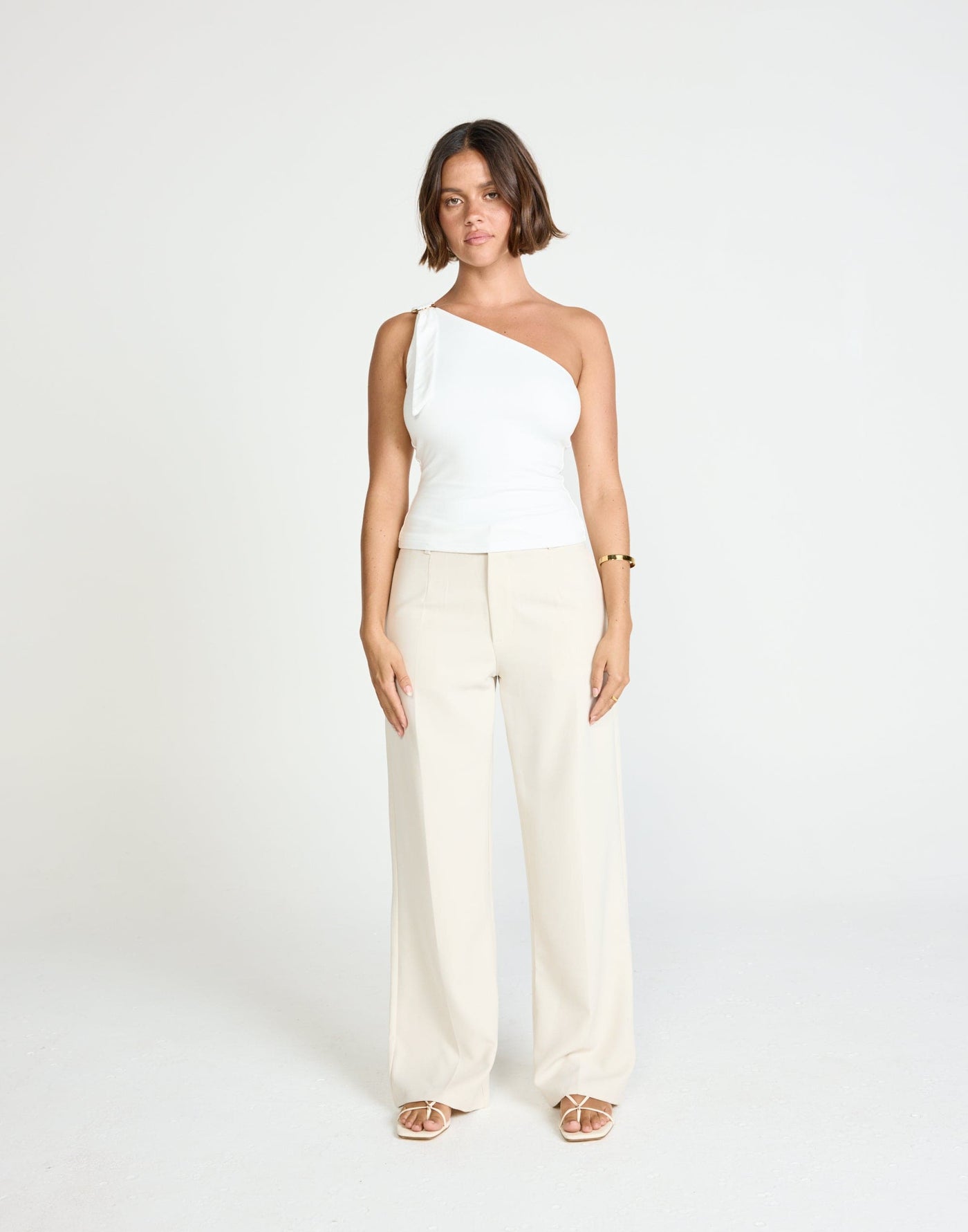 Zuelia Top (White) | CHARCOAL Exclusive - Asymmetrical Neckline Top with Gold Embellishment - Women's Top - Charcoal Clothing
