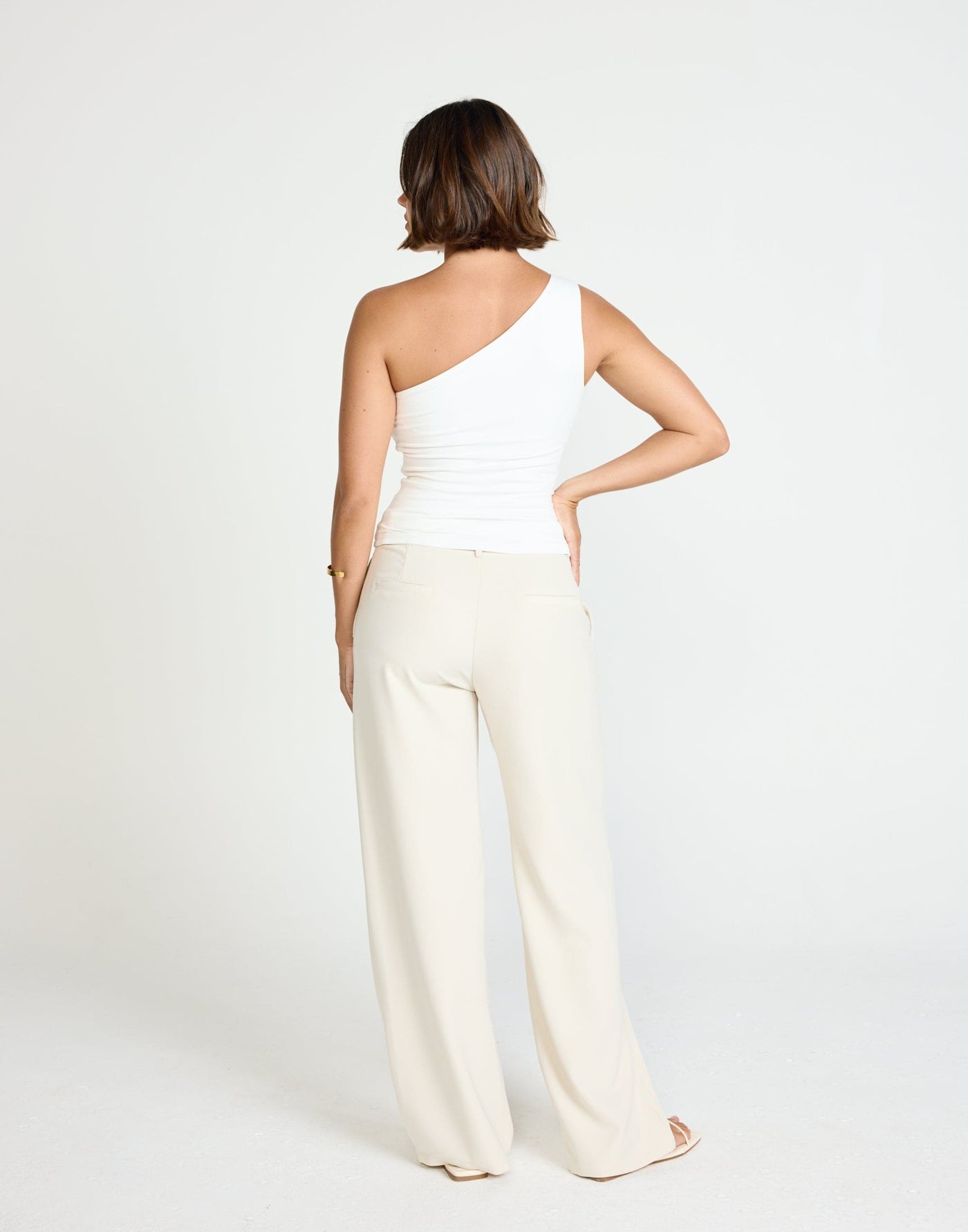Zuelia Top (White) | CHARCOAL Exclusive - Asymmetrical Neckline Top with Gold Embellishment - Women's Top - Charcoal Clothing