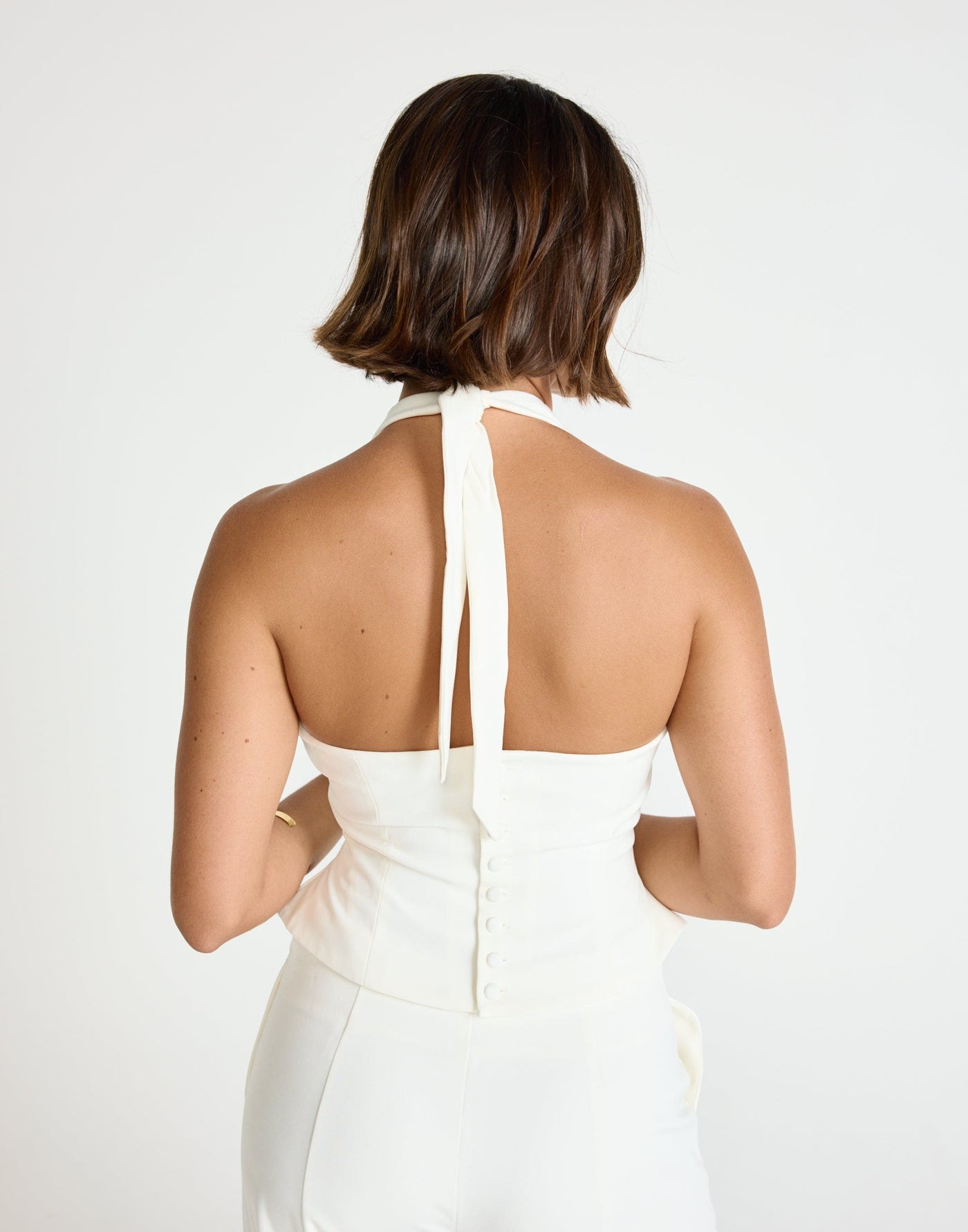 Kalla Top (White) | CHARCOAL Exclusive - High Tie Up Neckline Button Back Closure Top - Women's Top - Charcoal Clothing