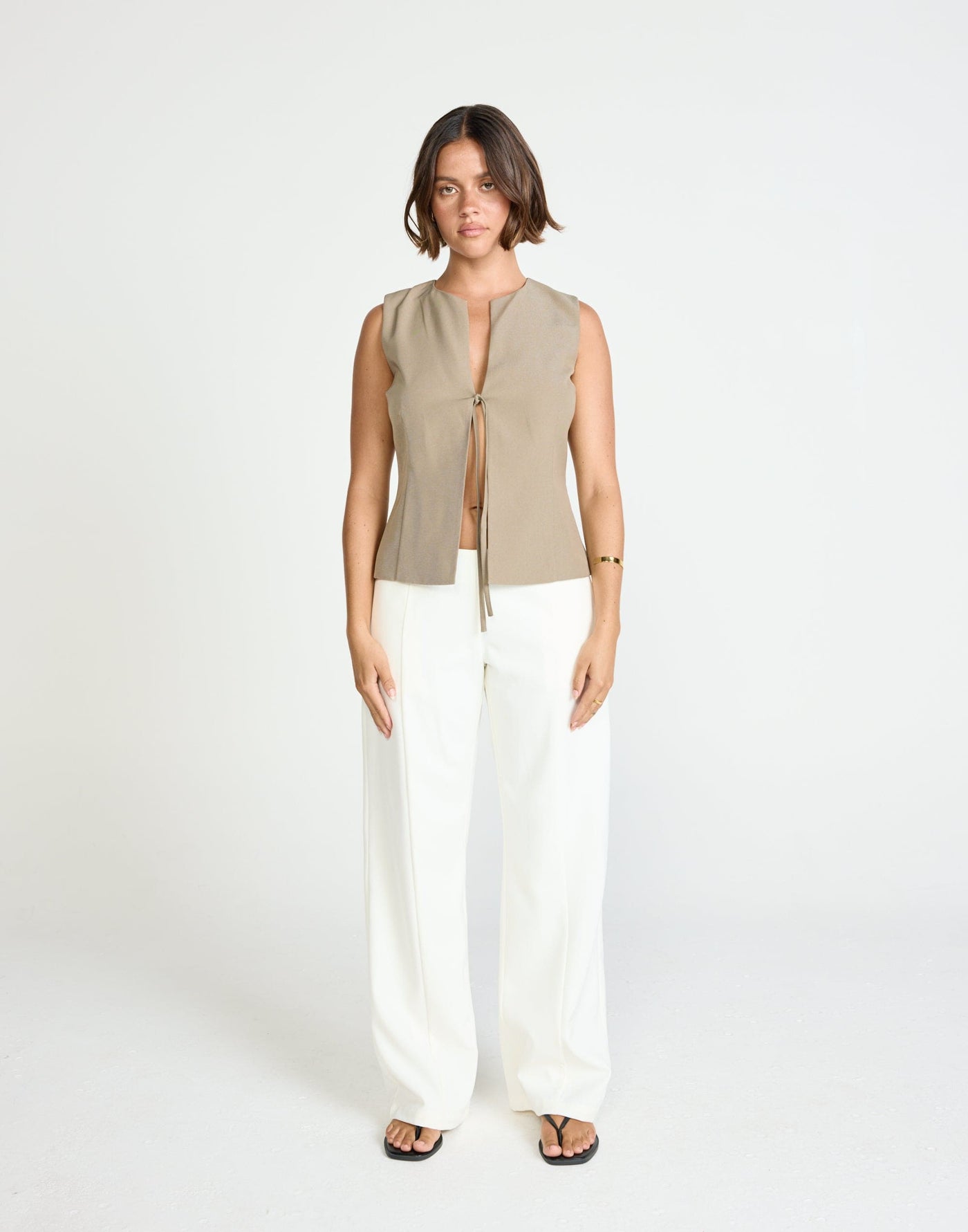 Caisey Top (Stone) | CHARCOAL Exclusive - Open Tie Front Detail Top - Women's Top - Charcoal Clothing