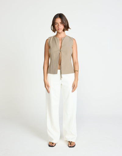 Caisey Top (Stone) | CHARCOAL Exclusive - Open Tie Front Detail Top - Women's Top - Charcoal Clothing