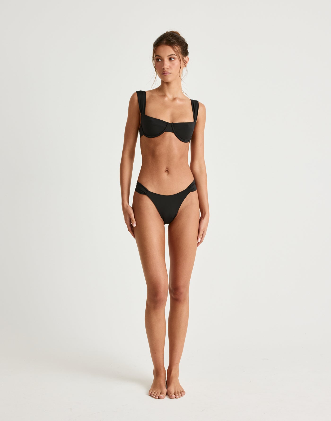 Layla Bikini Bottoms (Black) | CHARCOAL Exclusive - Gathered Mid Waisted Medium Coverage Bikini Bottoms - Women's Swimwear - Charcoal Clothing