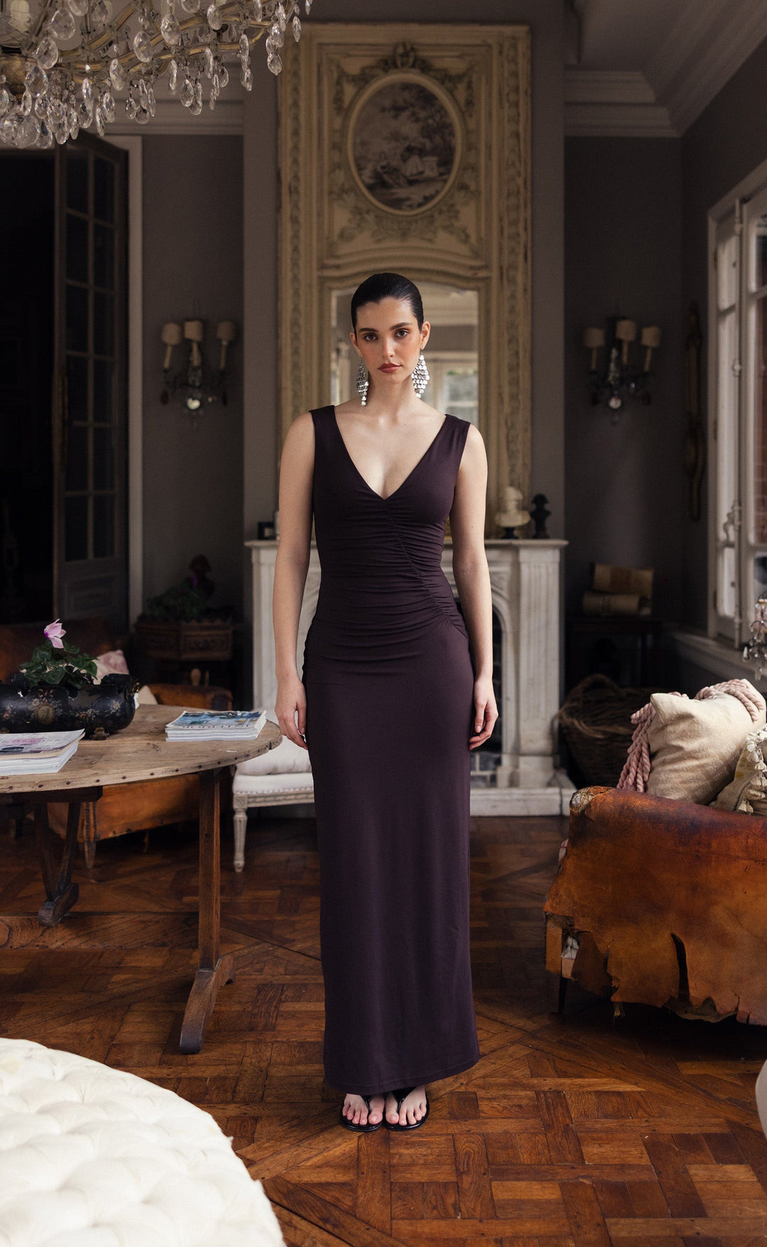 Viola Maxi Dress (Chocolate) | CHARCOAL Exclusive - Low V-neck