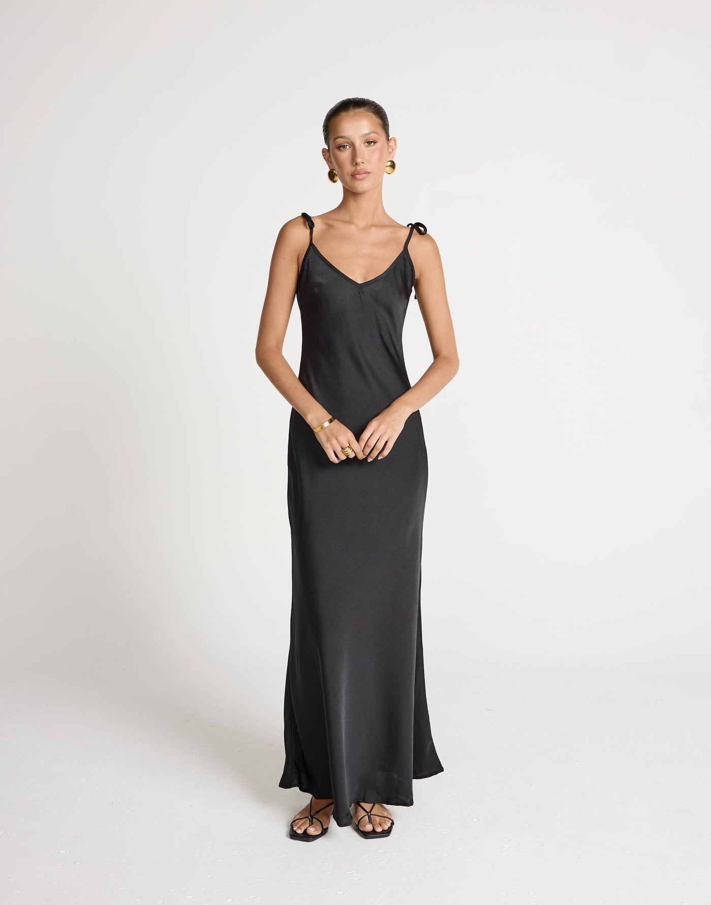 Jorjia Maxi Dress (Black) | CHARCOAL EXCLUSIVE | Satin Maxi Dress Low Back Adjustable Tie Up - Women's Dress - Charcoal Clothing