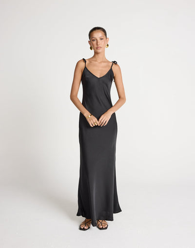 Jorjia Maxi Dress (Black) | CHARCOAL EXCLUSIVE | Satin Maxi Dress Low Back Adjustable Tie Up - Women's Dress - Charcoal Clothing