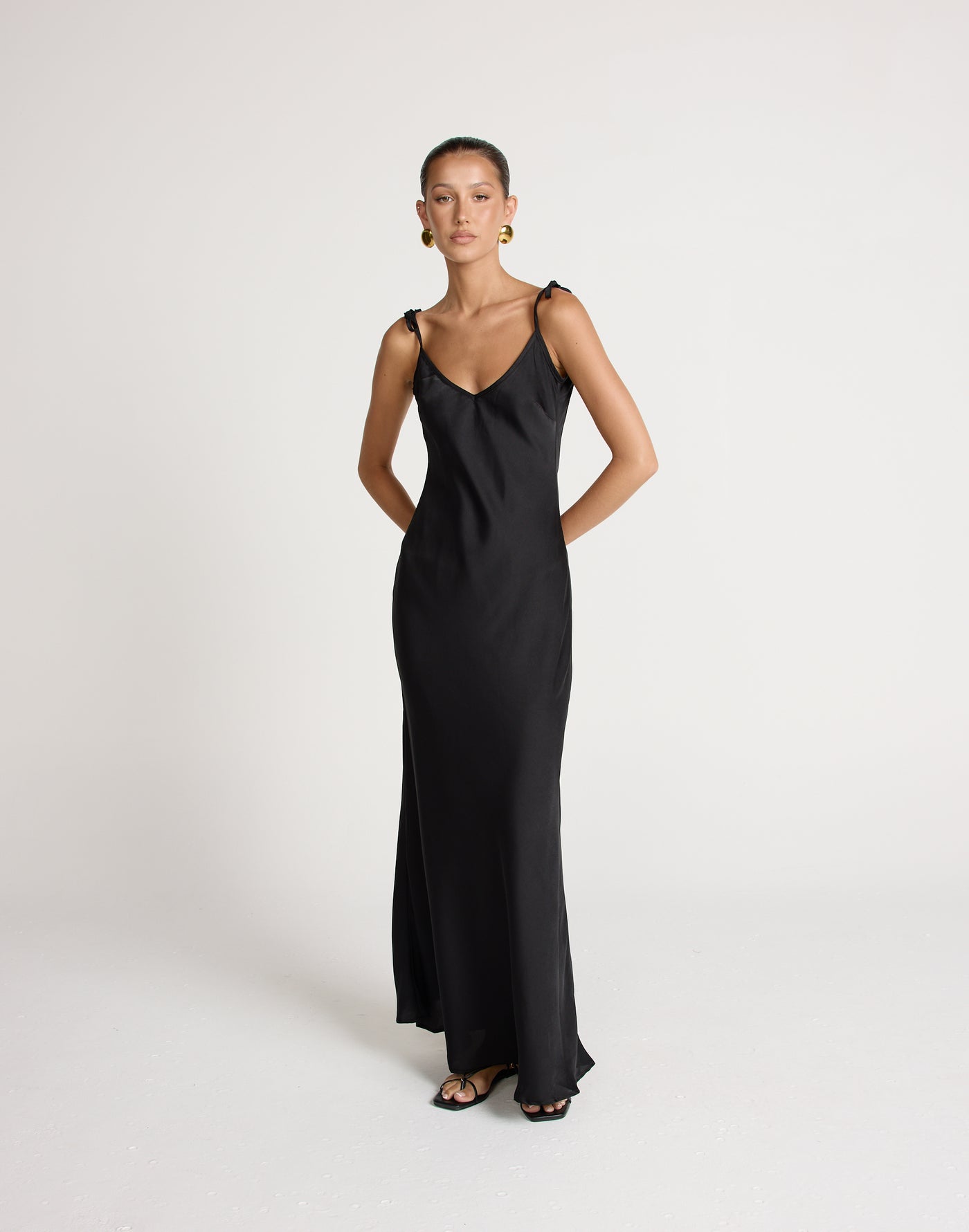Jorjia Maxi Dress (Black) | CHARCOAL EXCLUSIVE | Satin Maxi Dress Low Back Adjustable Tie Up - Women's Dress - Charcoal Clothing