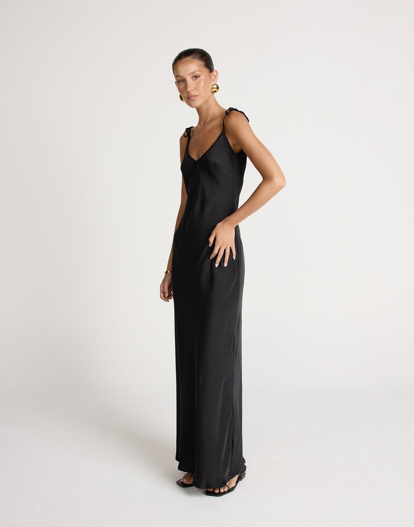 Jorjia Maxi Dress (Black) | CHARCOAL EXCLUSIVE | Satin Maxi Dress Low Back Adjustable Tie Up - Women's Dress - Charcoal Clothing