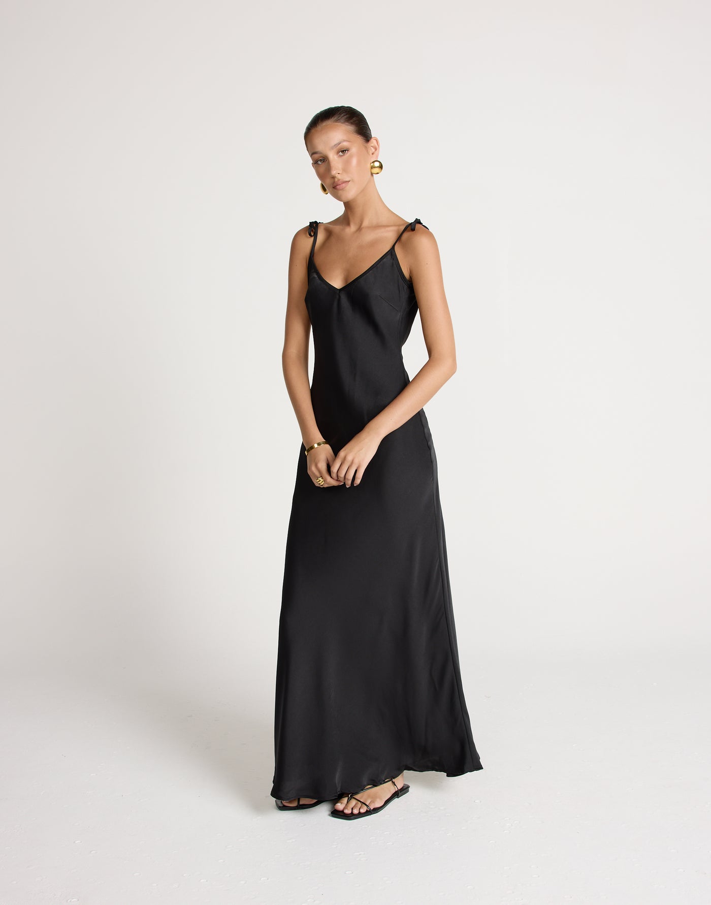 Jorjia Maxi Dress (Black) | CHARCOAL EXCLUSIVE | Satin Maxi Dress Low Back Adjustable Tie Up - Women's Dress - Charcoal Clothing