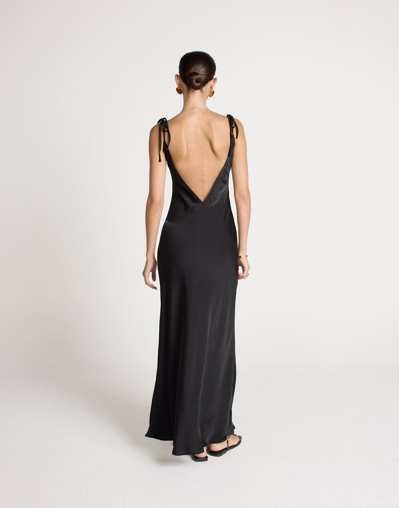 Jorjia Maxi Dress (Black) | CHARCOAL EXCLUSIVE | Satin Maxi Dress Low Back Adjustable Tie Up - Women's Dress - Charcoal Clothing