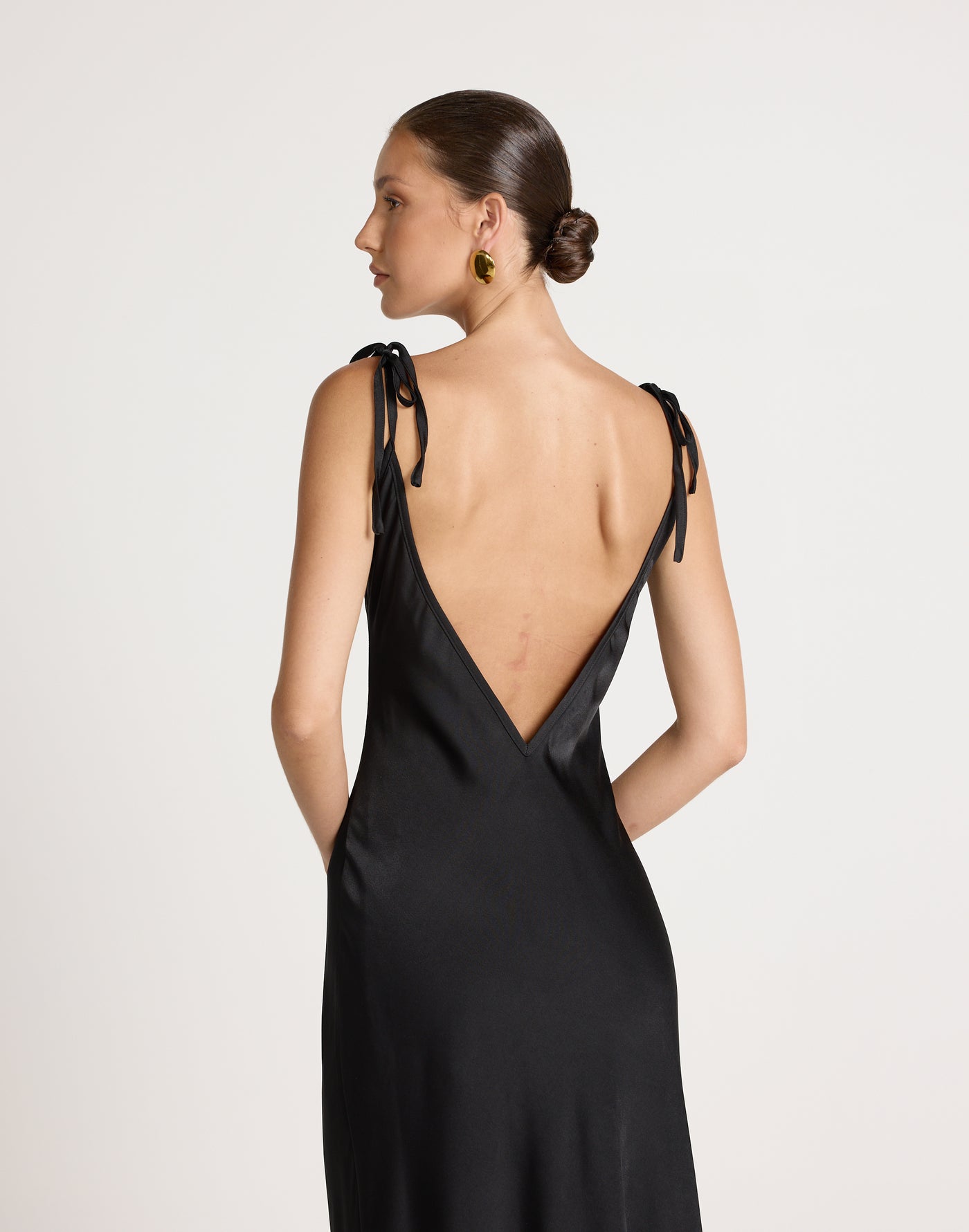 Jorjia Maxi Dress (Black) | CHARCOAL EXCLUSIVE | Satin Maxi Dress Low Back Adjustable Tie Up - Women's Dress - Charcoal Clothing