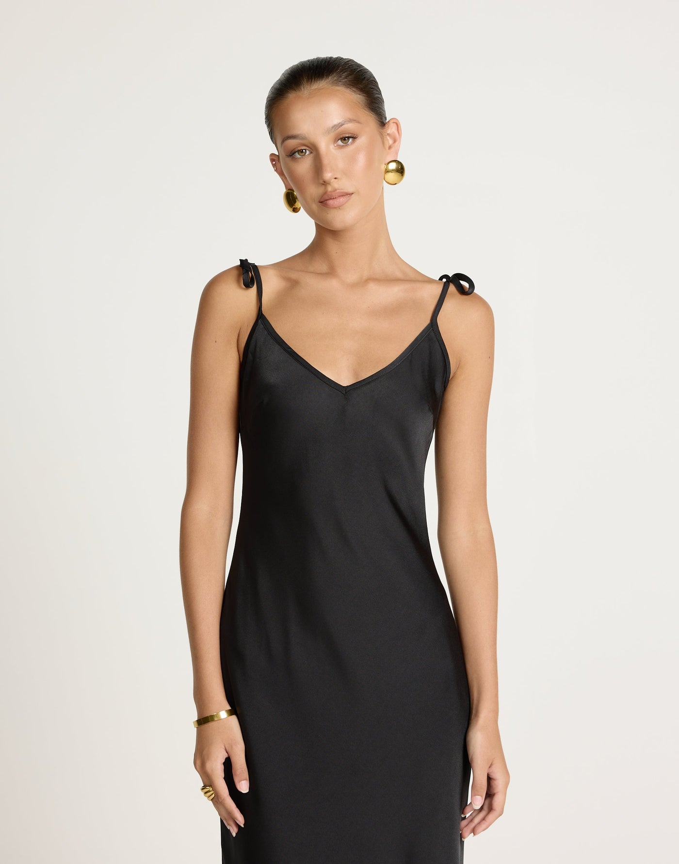 Jorjia Maxi Dress (Black) | CHARCOAL EXCLUSIVE | Satin Maxi Dress Low Back Adjustable Tie Up - Women's Dress - Charcoal Clothing