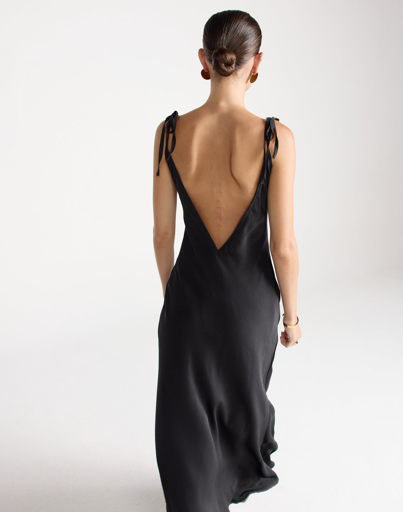 Jorjia Maxi Dress (Black) | CHARCOAL EXCLUSIVE | Satin Maxi Dress Low Back Adjustable Tie Up - Women's Dress - Charcoal Clothing